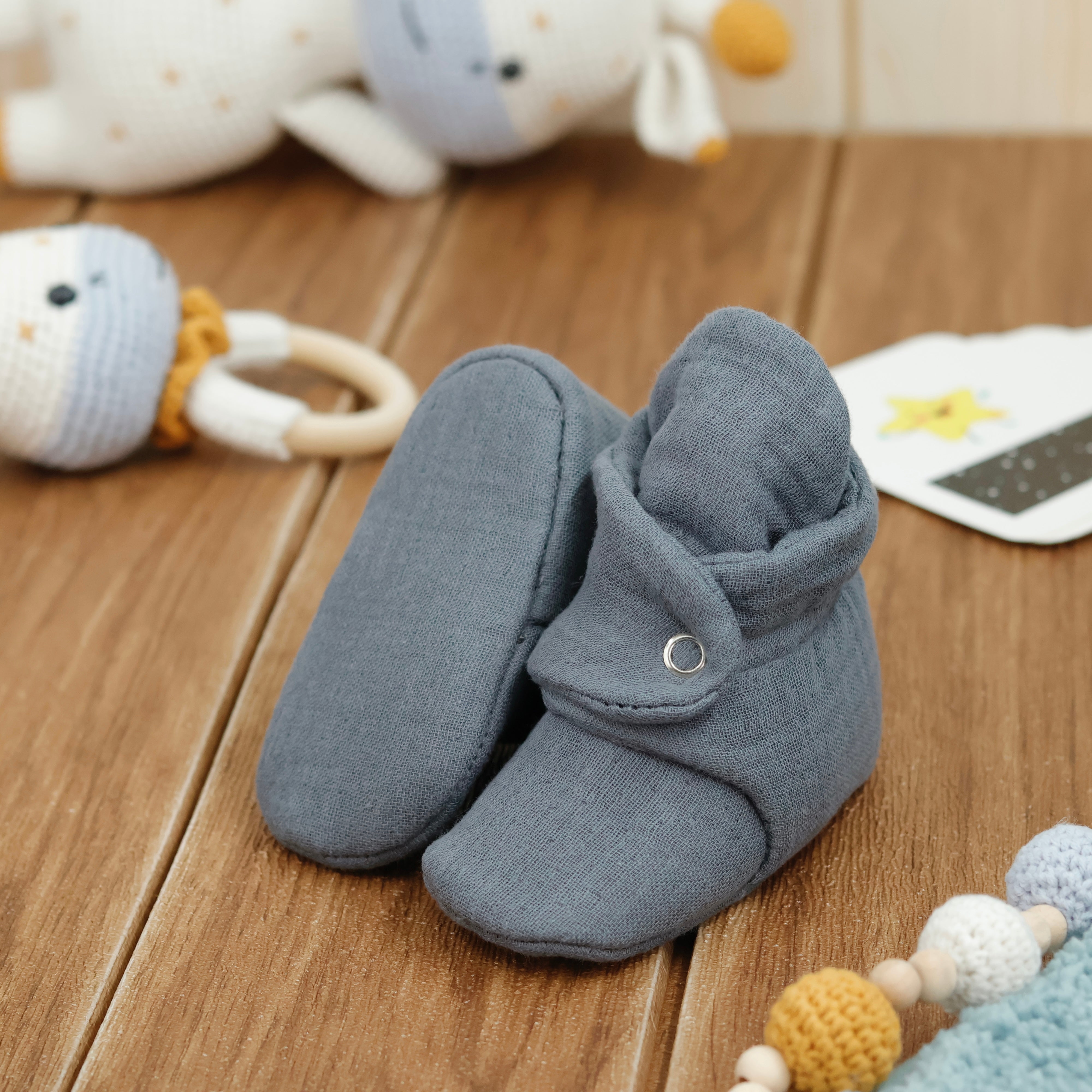Muslin Stay On Baby Booties Dark Gray