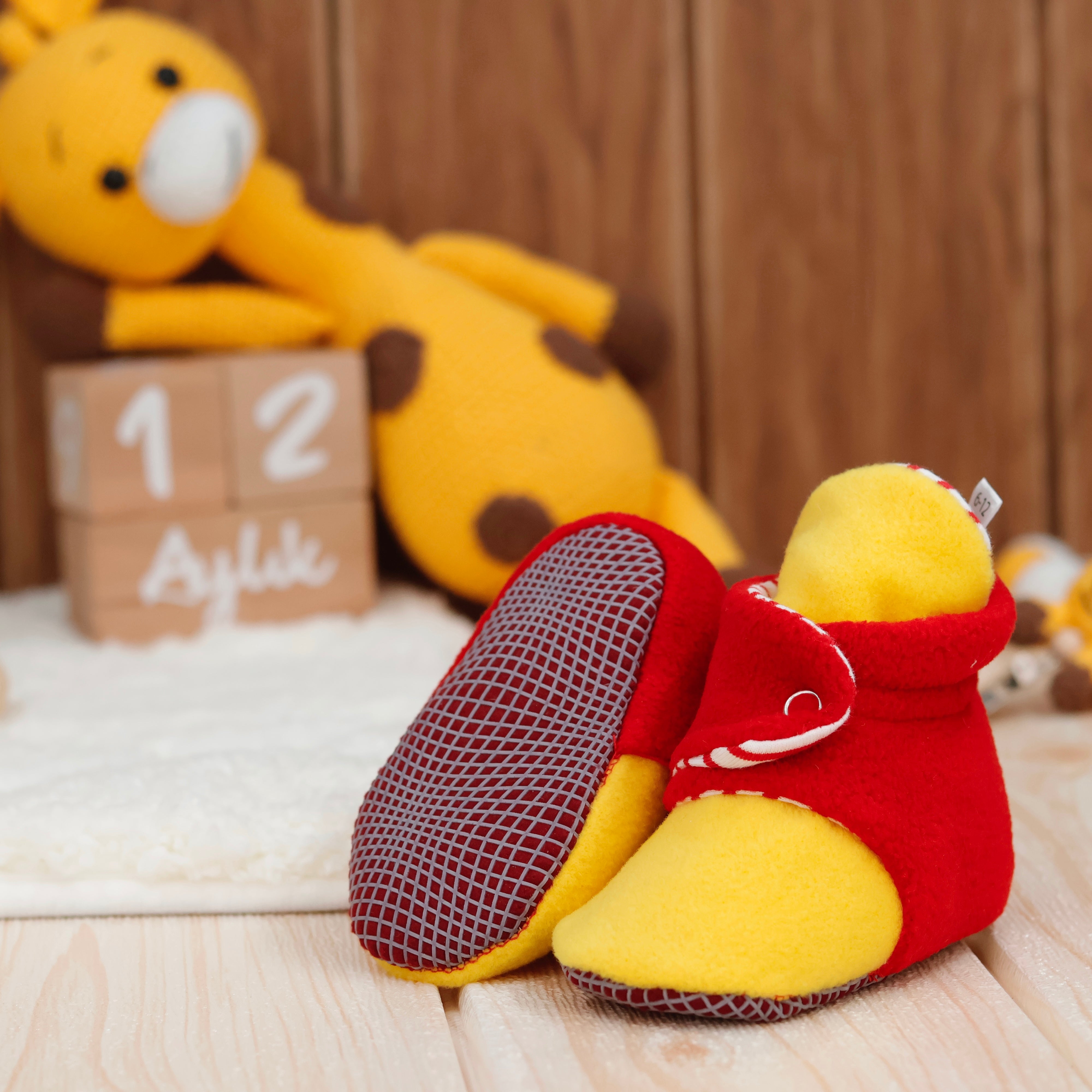 Anti-slip Sole, Fleece Baby Booties, Newborn Home Booties, Sweat Proof Organic Cotton Lining, Yellow Red