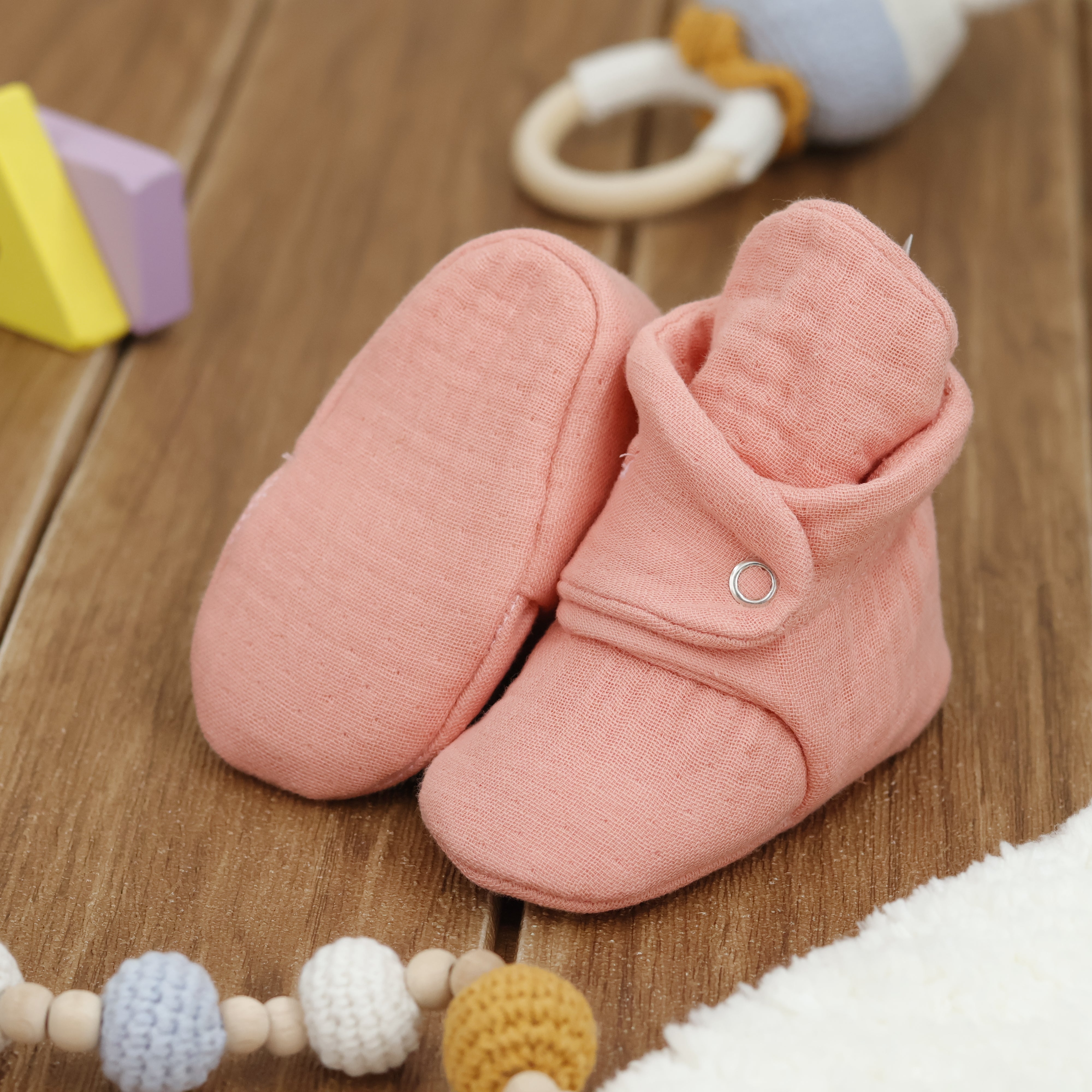 Muslin Stay On Baby Booties Dustyrose