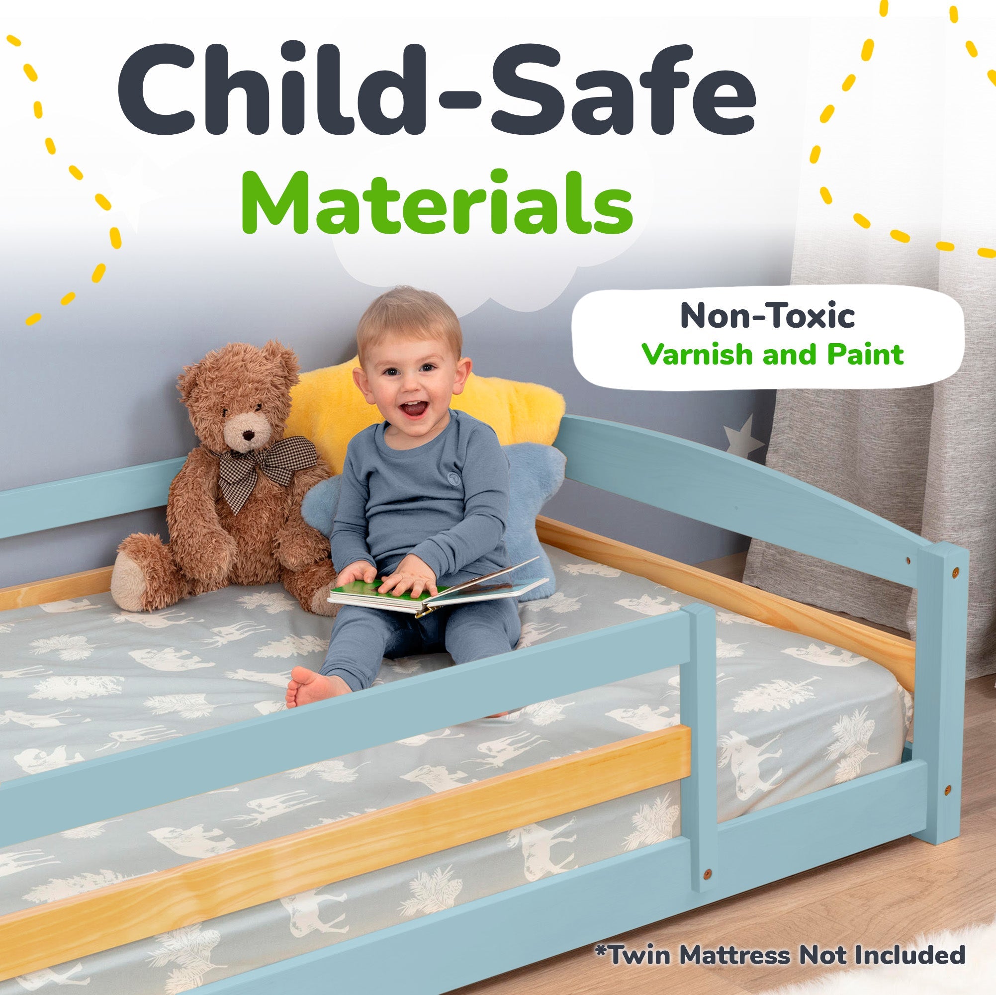 Twin Floor Bed With Safety Guardrails For Kids - Montessori Inspired