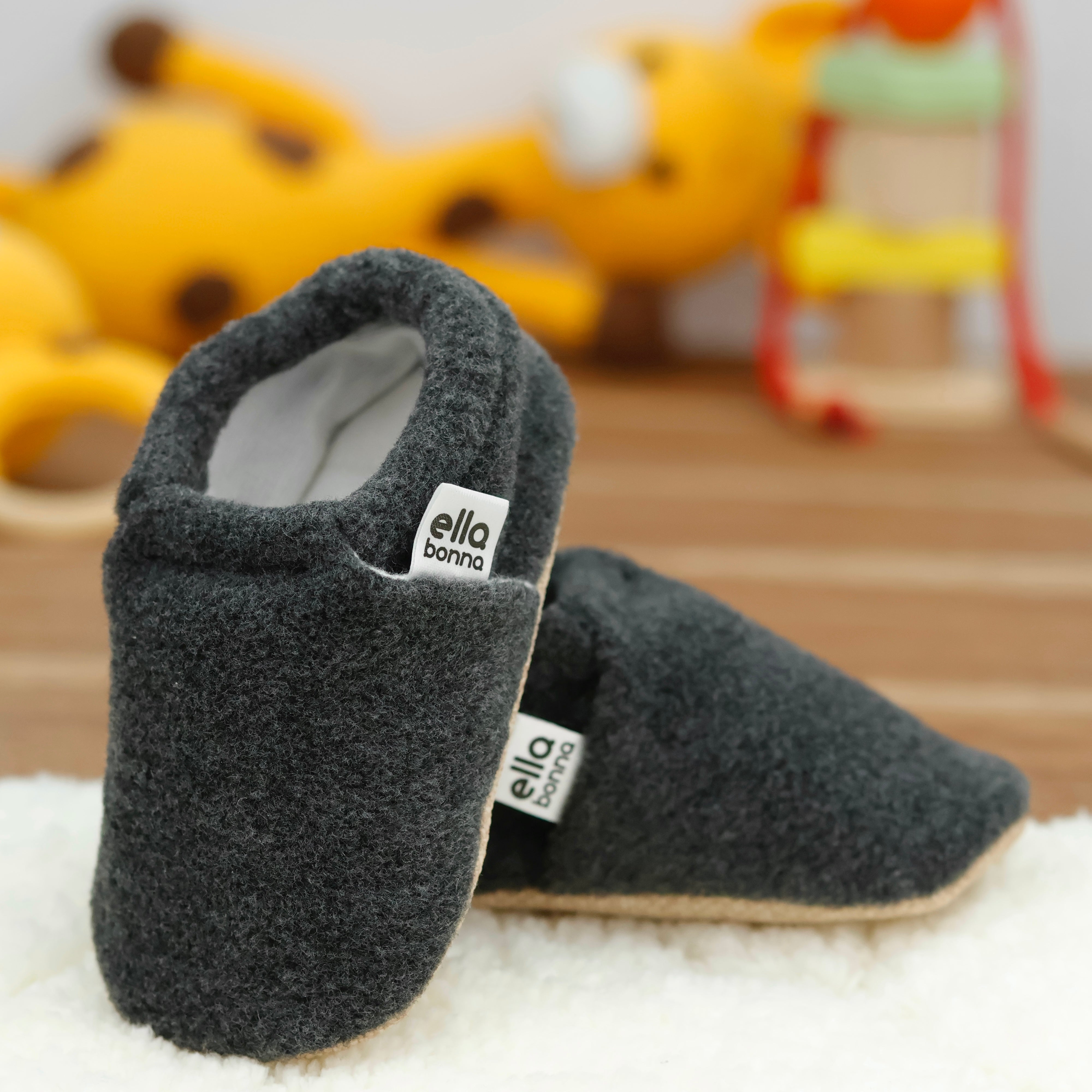 Fleece Baby House Booties, Non-slip Sole, Organic Cotton Lining, Anthracite