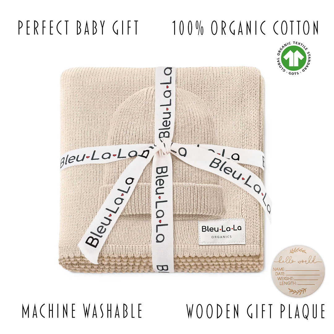Luxe Collection 100% Organic Cotton Luxury Knit Baby Blanket + Hat Set With Gift Box