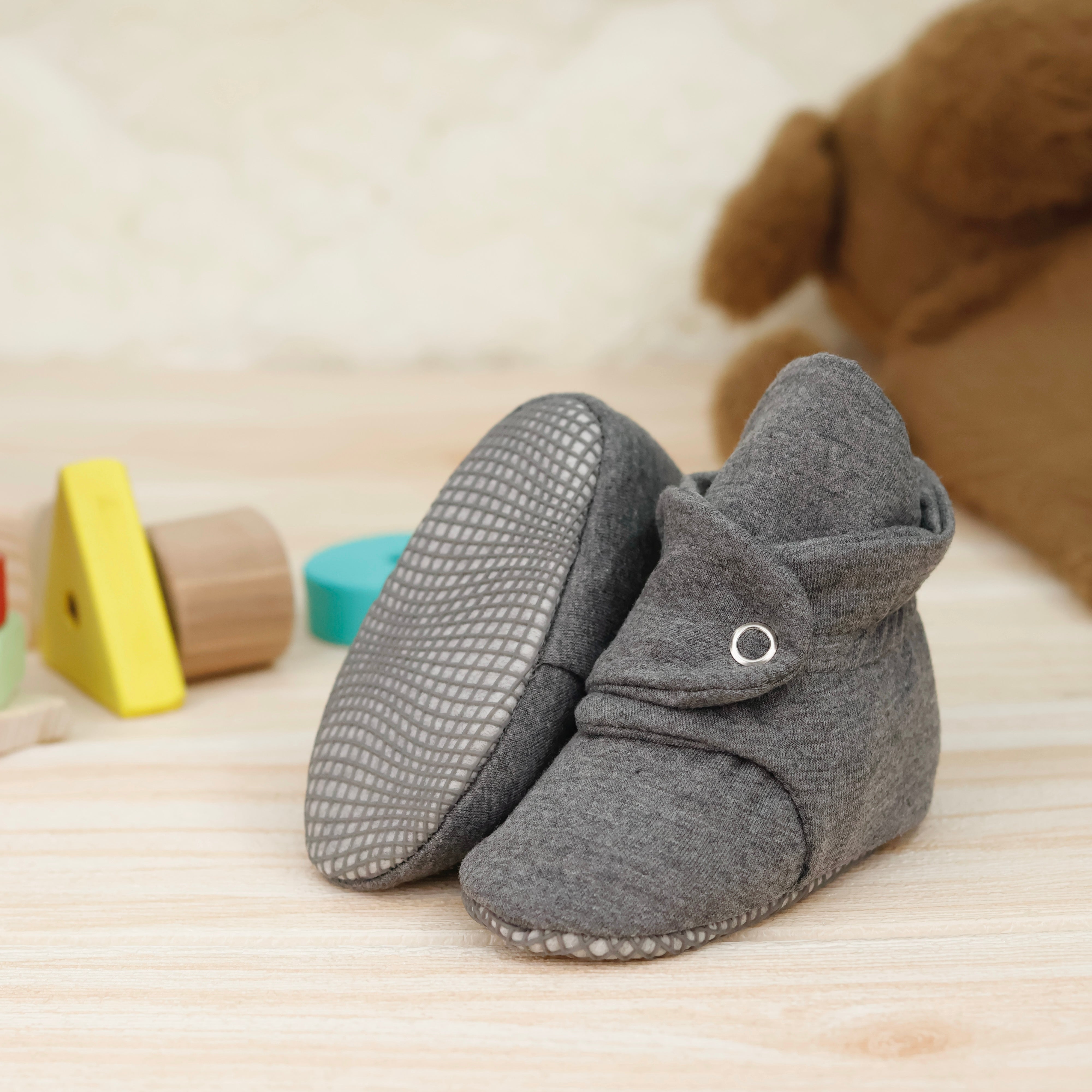 Organic Cotton Baby Booties, Non-slip Sole, Cotton Newborn Booties Home Nursery Shoes, Dark Gray