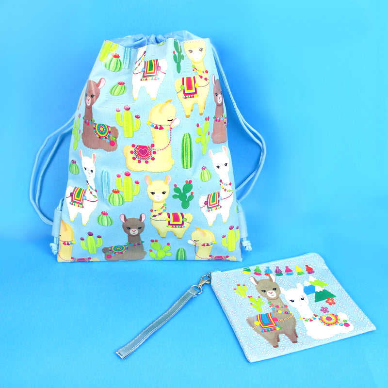 Llamas Drawstring Backpack With Wristlet 2 Piece Set Travel Gym Cheer (blue)