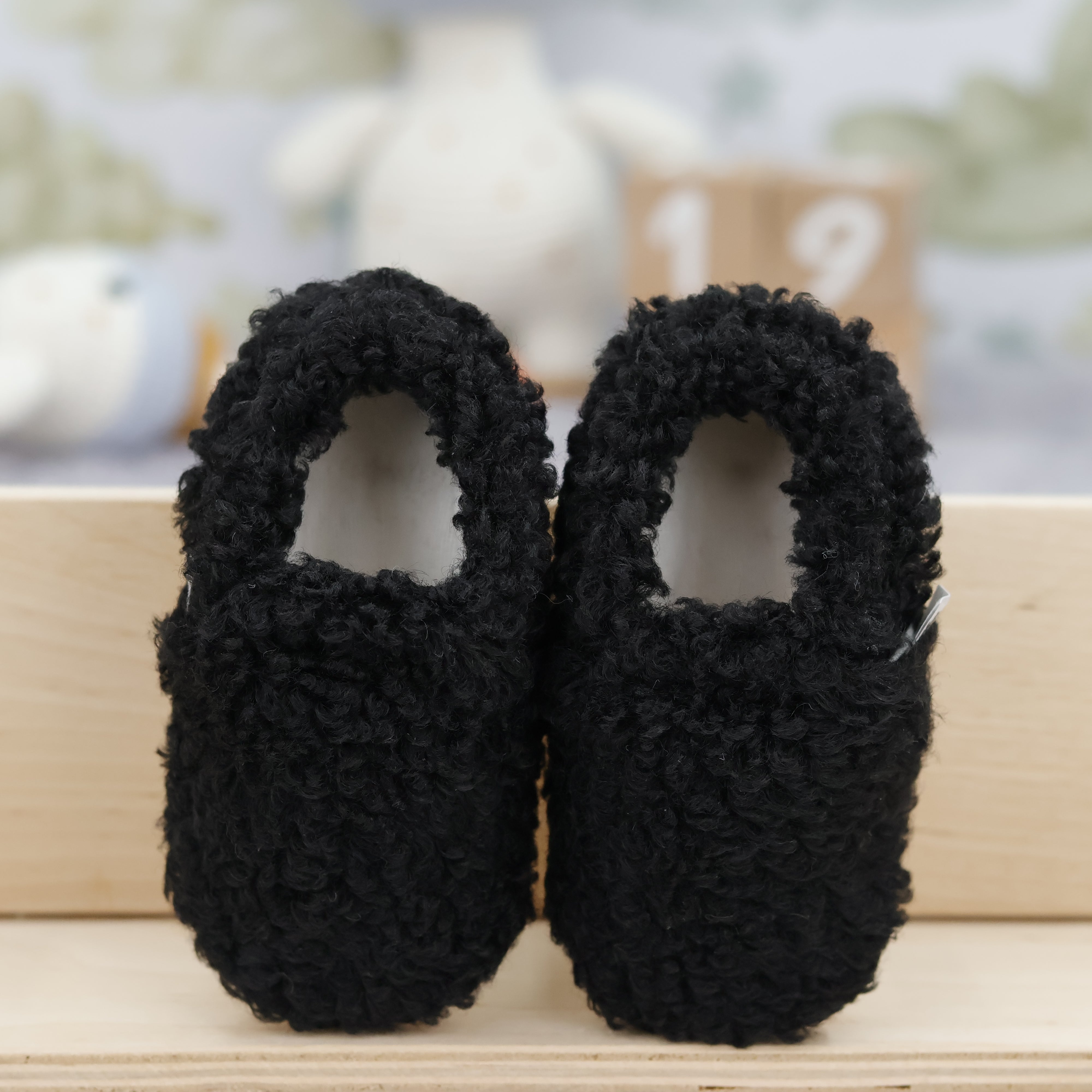 Teddy Baby Booties House Slippers, Non-slip Sole, Organic Cotton Lining, Home Nursery Shoes, Black