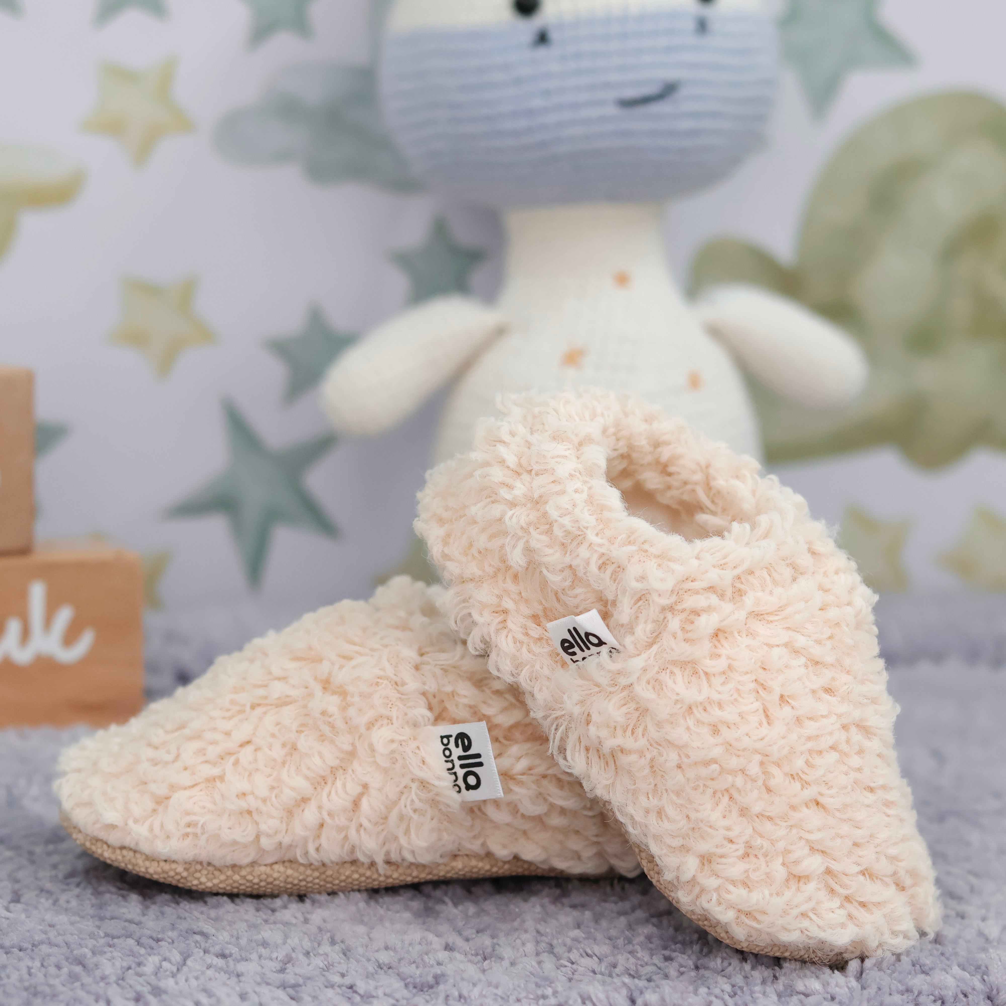 Teddy Baby Booties House Slippers, Non-slip Sole, Organic Cotton Lining, Home Nursery Shoes, Beige