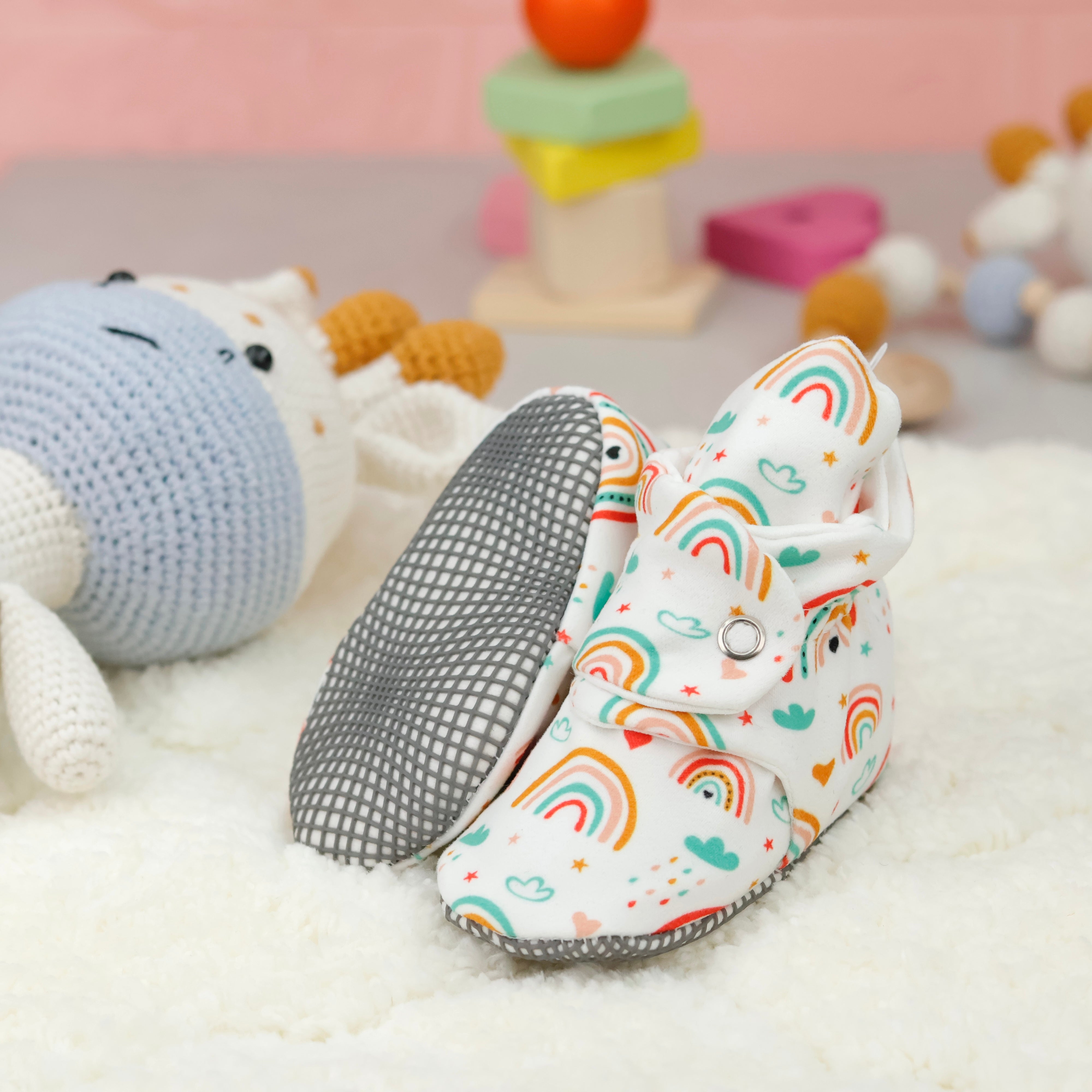 Organic Cotton Baby Booties, Non-slip Sole, Cotton Newborn Booties Home Nursery Shoes, Rainbow