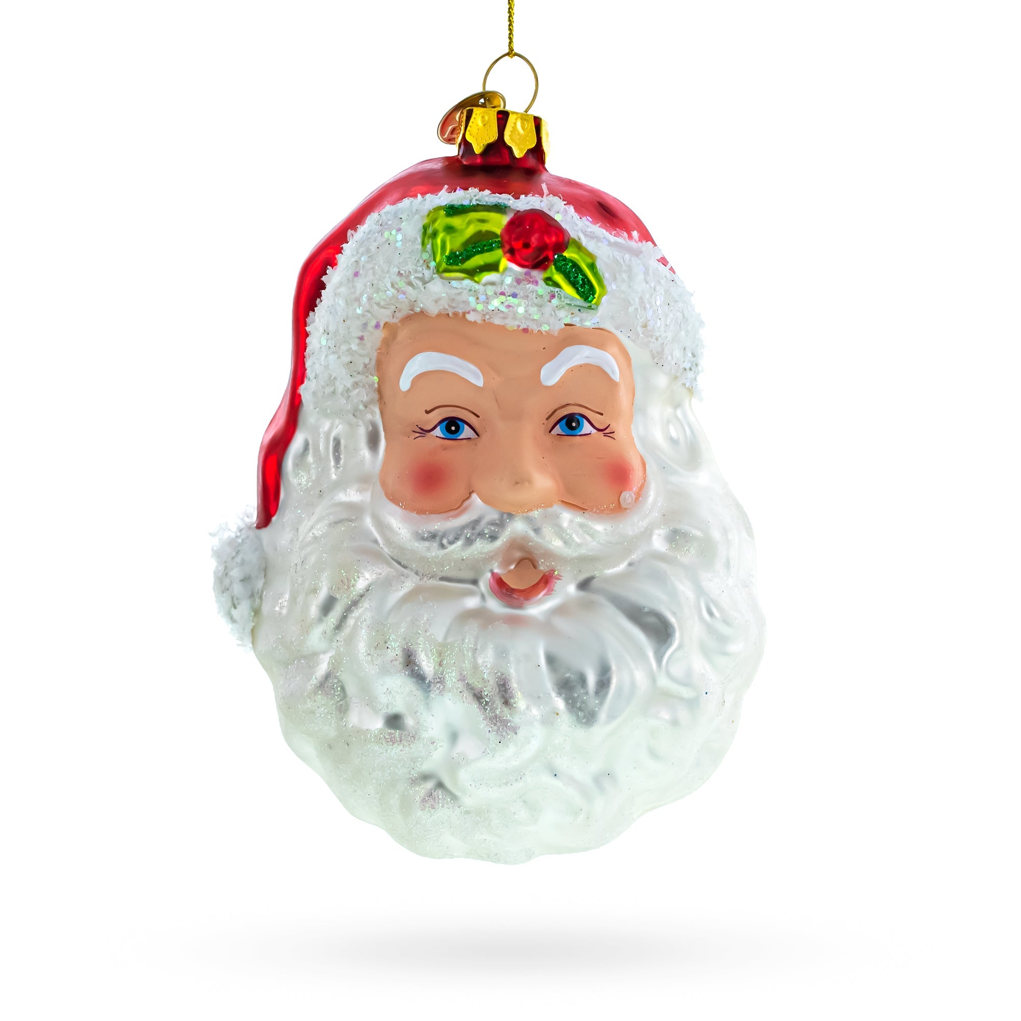 Santa With Festive Mistletoe - Blown Glass Christmas Ornament