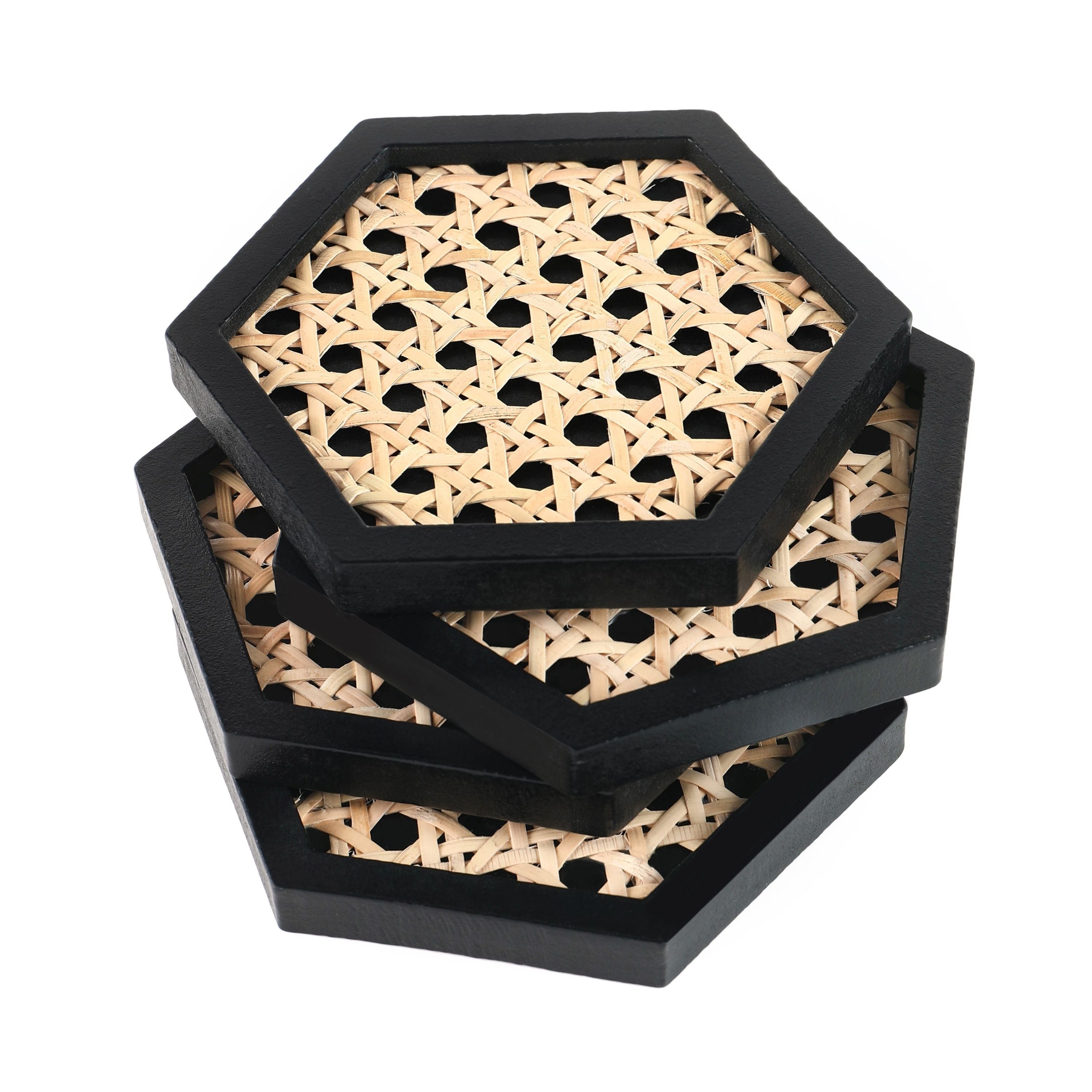 Momentdecor™ Natural Rattan & Wood Coasters Hexagon Shape