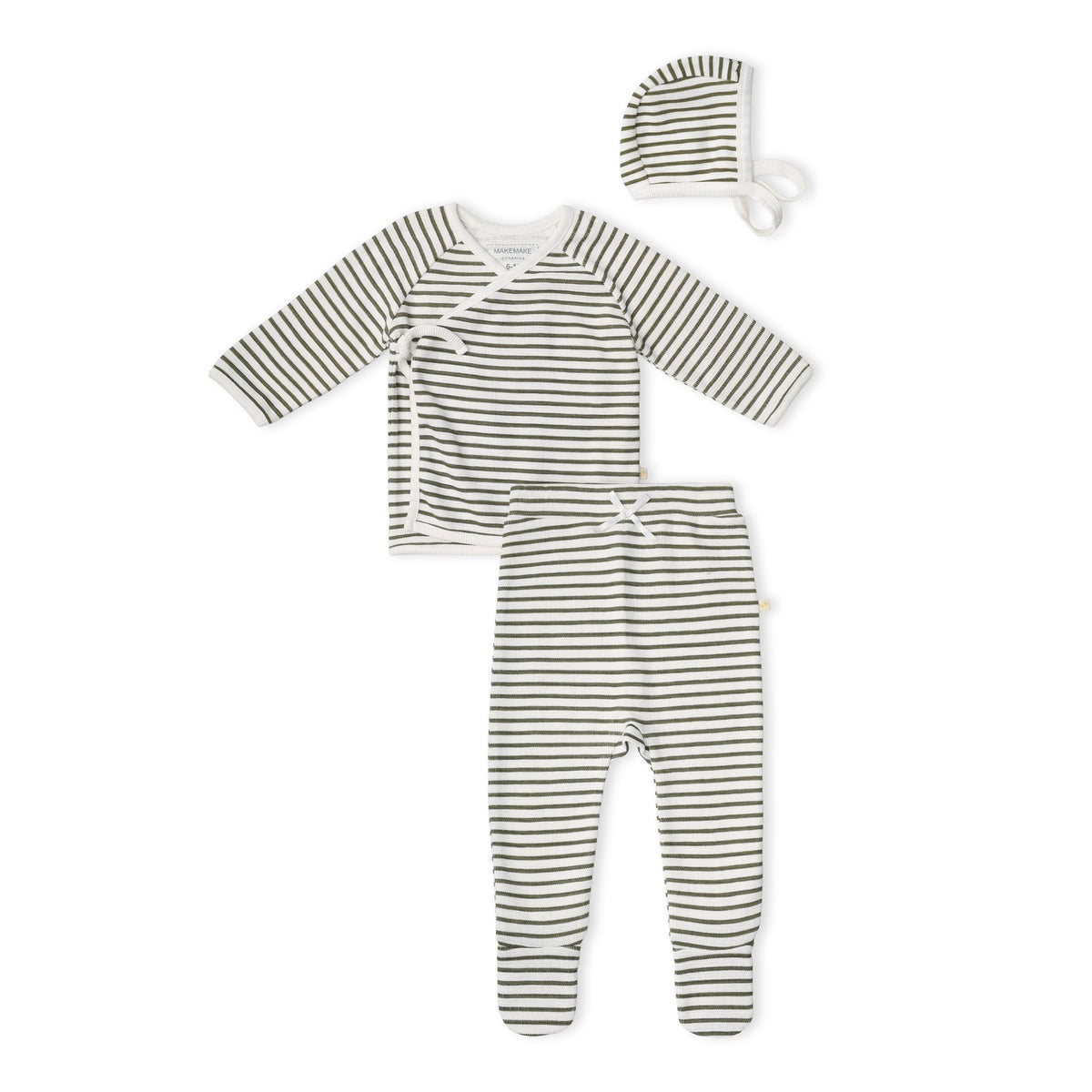 Organic Kimono Top & Footed Pants Set - Olive Stripes