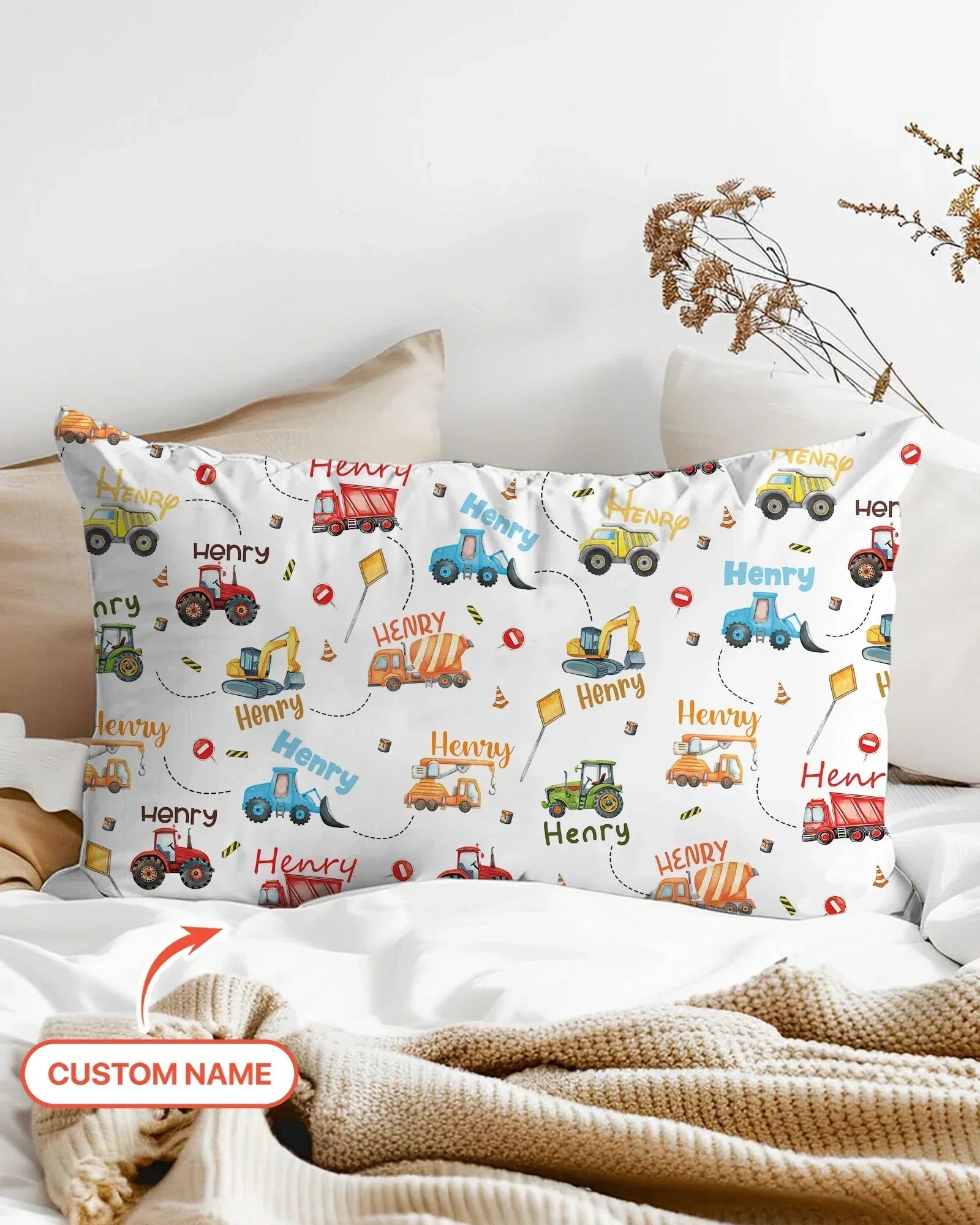 Construction Vehicles Custom Name Bamboo Pillow Case
