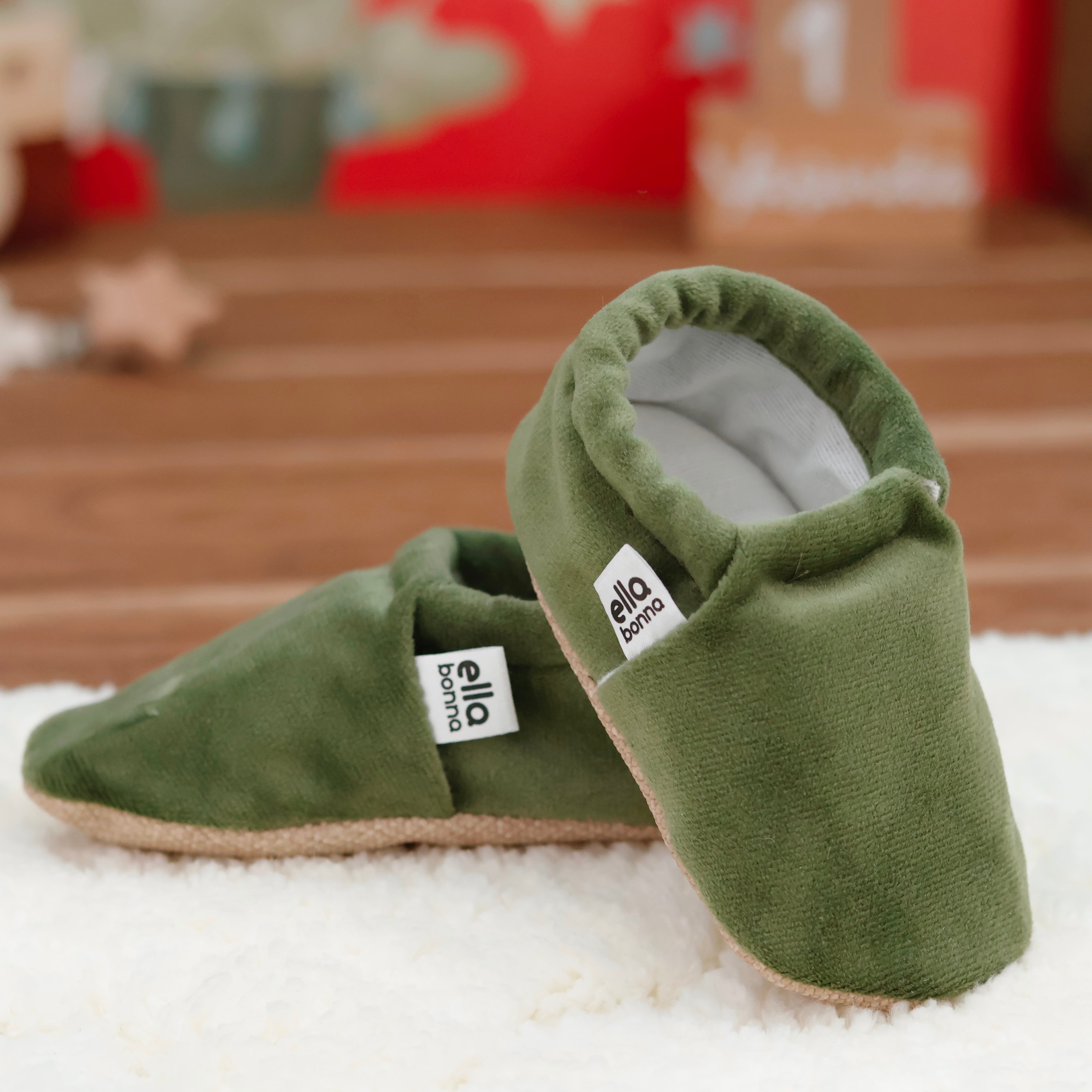 Organic Cotton Velvet Home Nursery Moccasin Shoes, Green