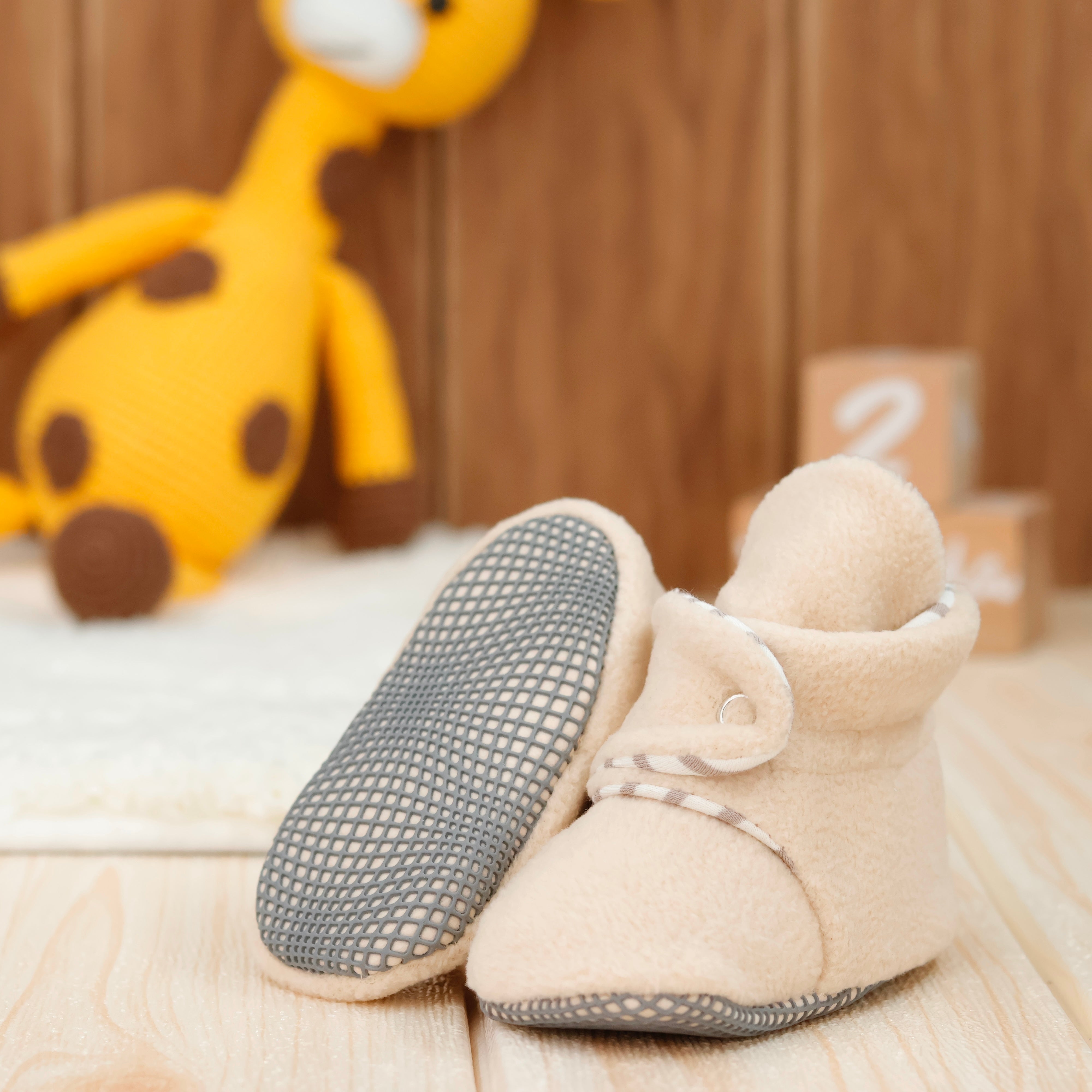 Anti-slip Sole, Fleece Baby Booties, Newborn Home Booties, Sweat Proof Organic Cotton Lining, Beige