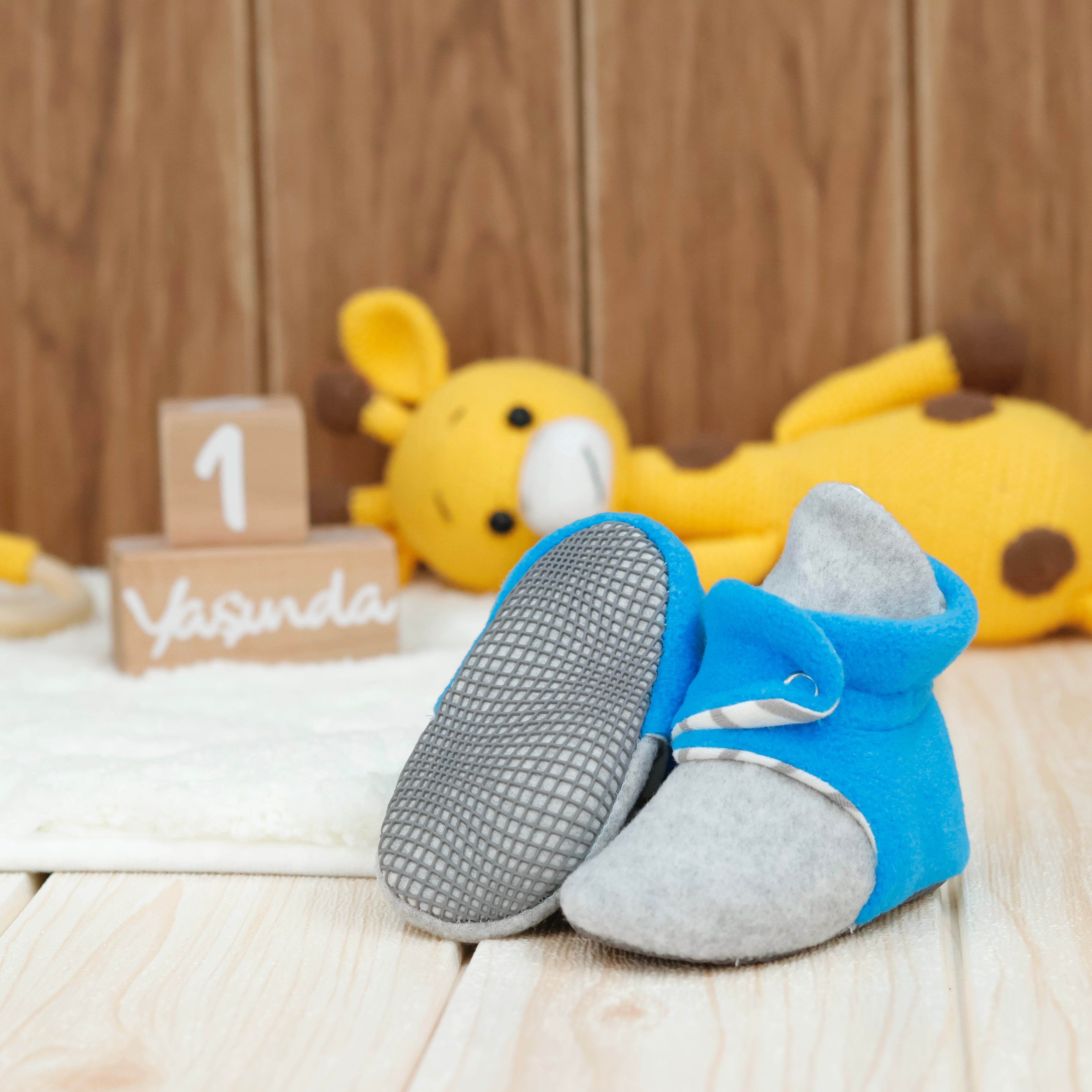 Anti-slip Sole, Fleece Baby Booties, Newborn Home Booties, Sweat Proof Organic Cotton Lining, Gray Blue