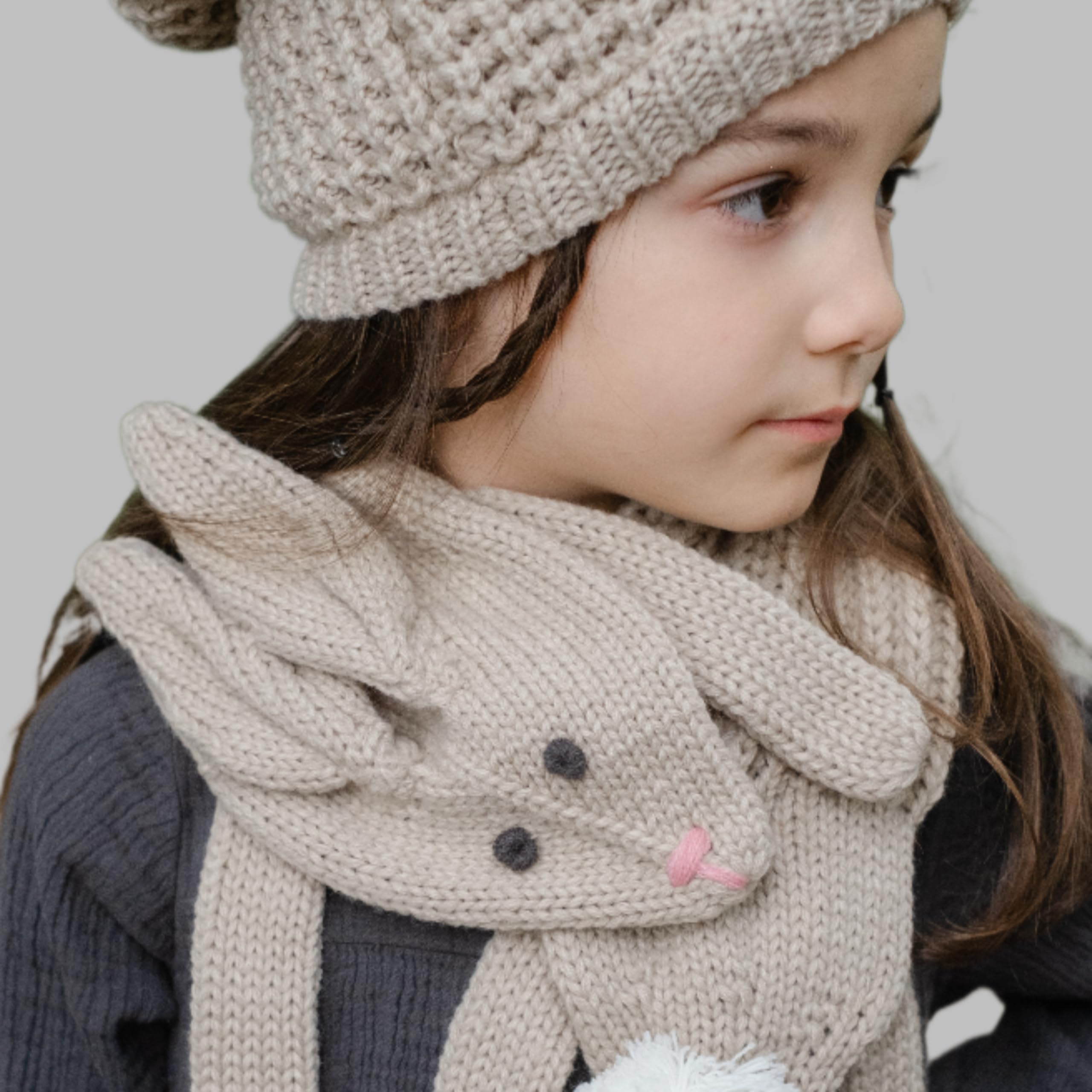 Soft Bunny Knitted Winter Neck Scarf- (children Age 4/5-12yr)- Oat Beige, Unisex