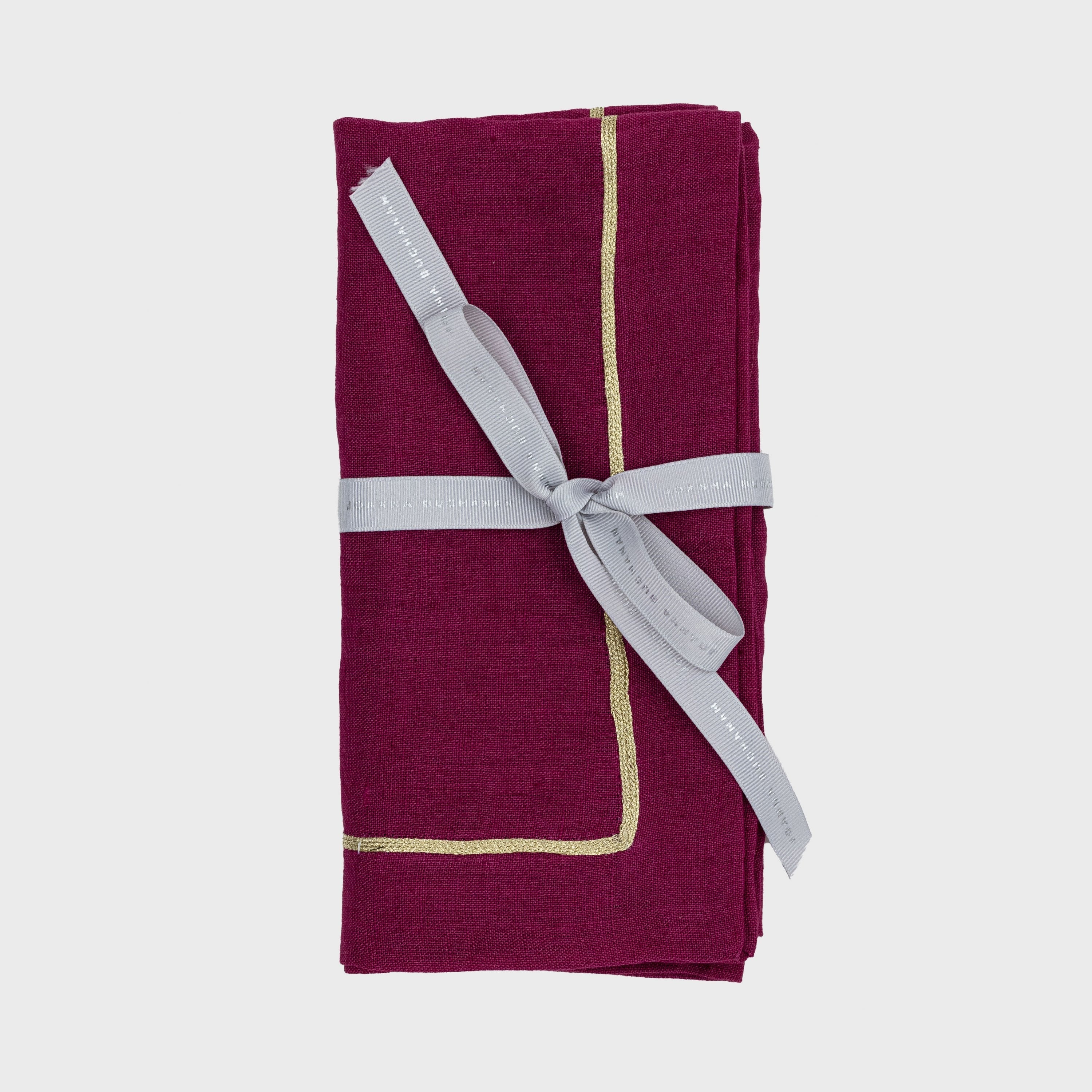 Gold Trim Dinner Napkins, Damson, Set Of Two