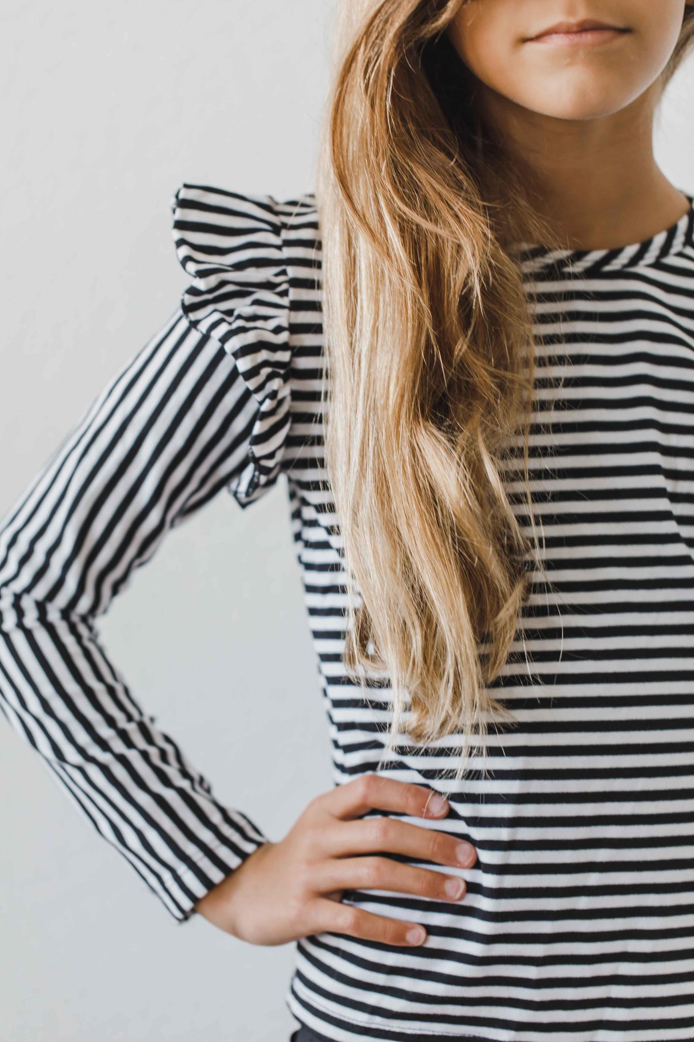 Black & White Stripe L/s Ruffle Tee