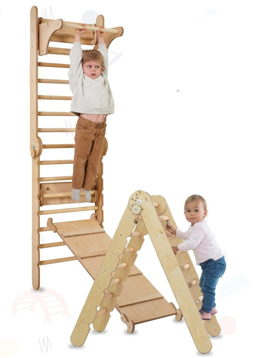 4in1 Climbing Set: Wooden Swedish Wall + Swing Set + Slide Board + Triangle Ladder