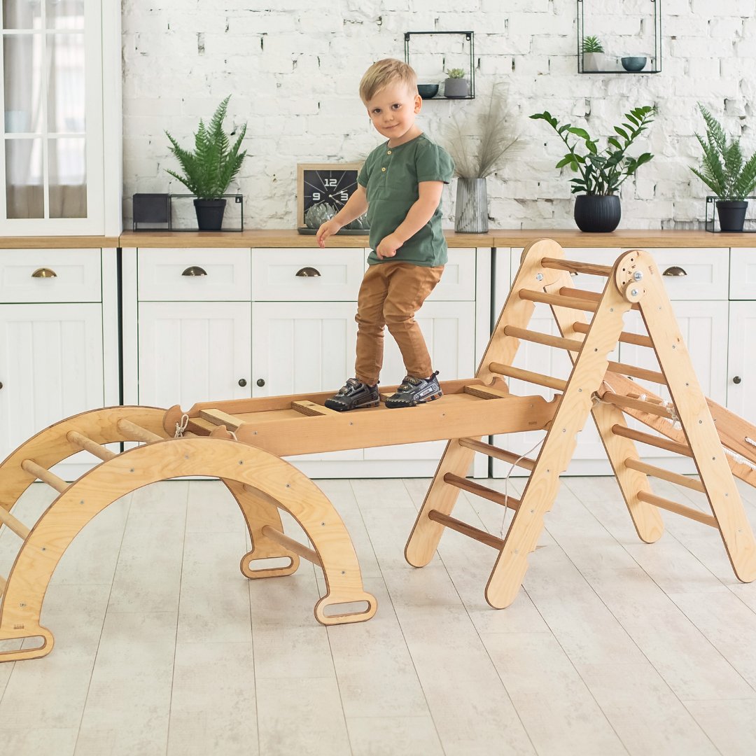 4in1 Montessori Climbing Frame Set: Triangle Ladder + Arch/rocker + Slide Board/ramp + Netting Rope