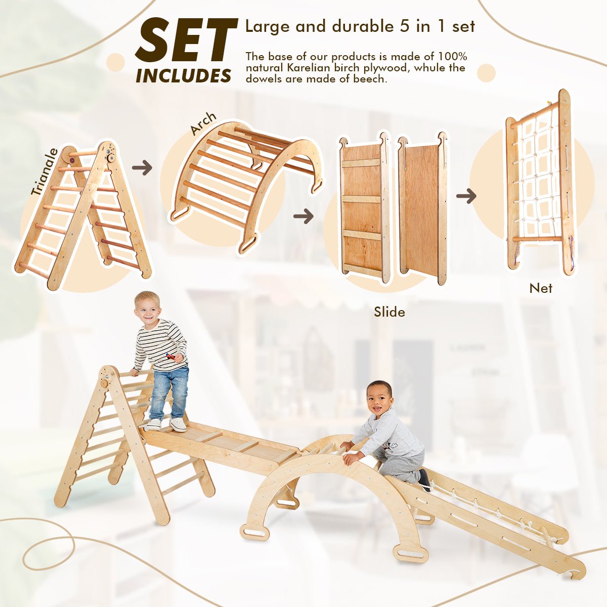 4in1 Montessori Climbing Frame Set: Triangle Ladder + Arch/rocker + Slide Board/ramp + Netting Rope