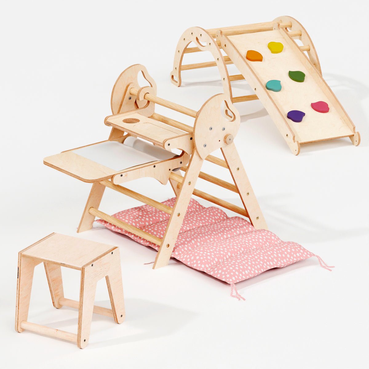 4in1 Montessori Climbing Set: Pikler Triangle, Arch, Slide Board, And Cushion For Toddlers (1–3 Years)