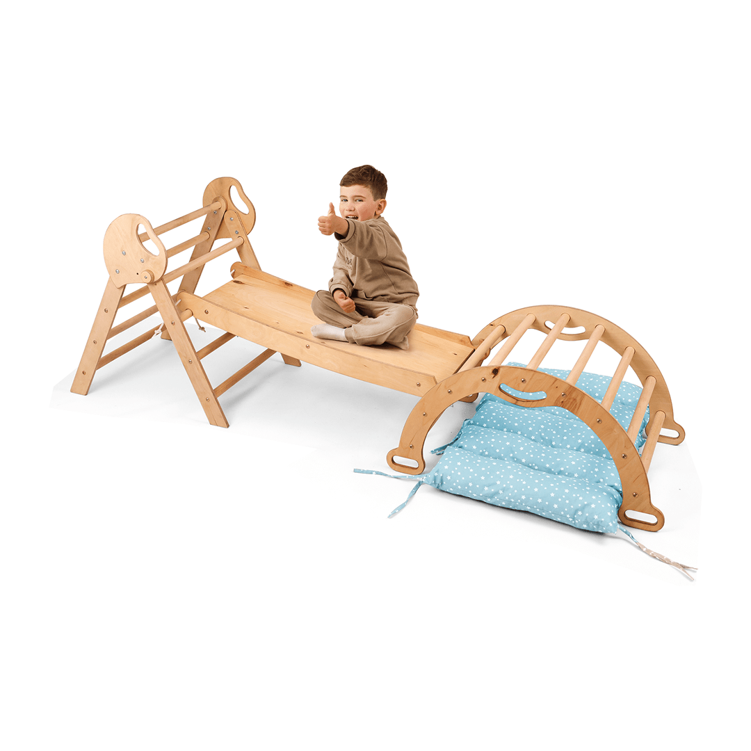 4in1 Montessori Climbing Set: Pikler Triangle, Arch, Slide Board, And Cushion For Toddlers (1–3 Years)