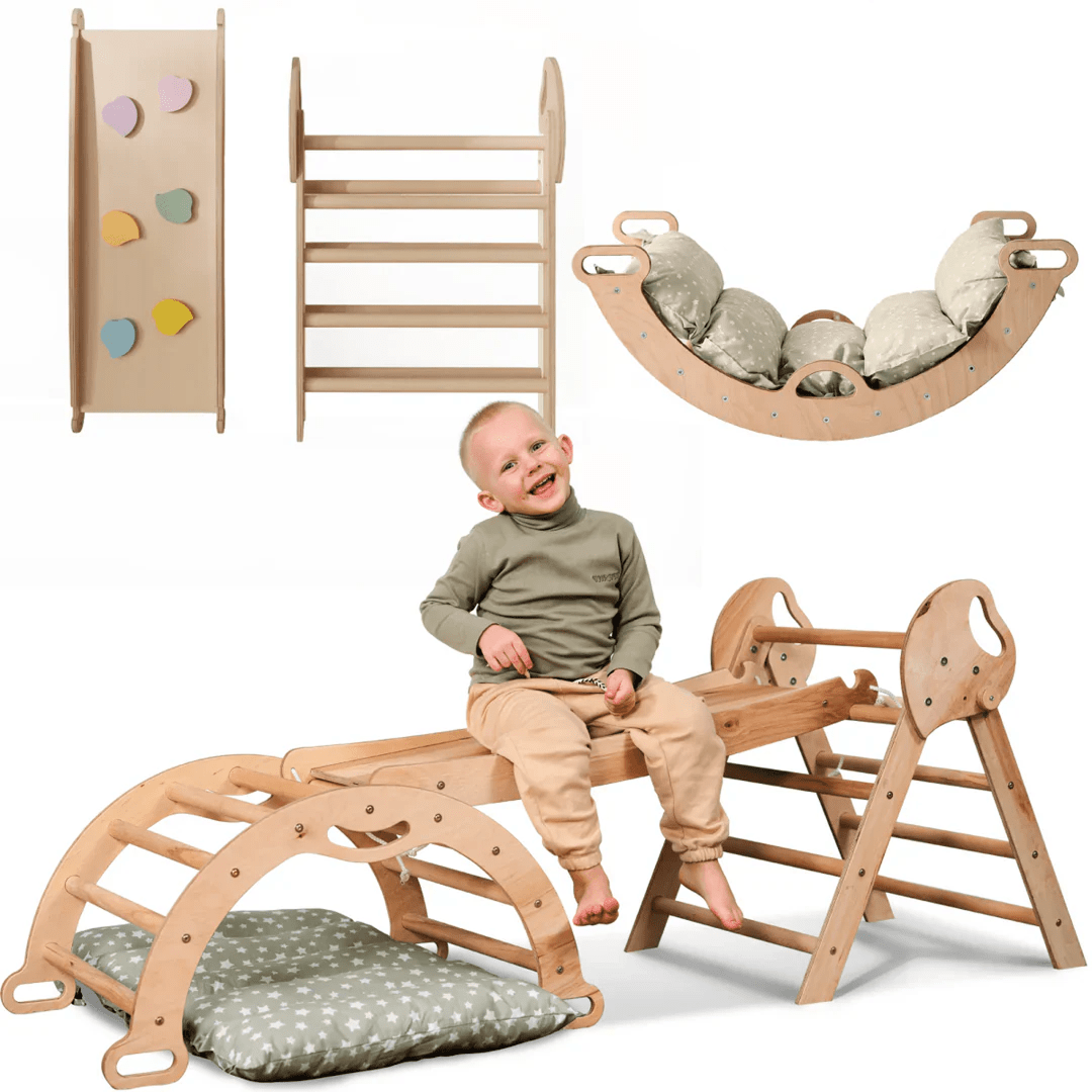 4in1 Montessori Climbing Set: Pikler Triangle, Arch, Slide Board, And Cushion For Toddlers (1–3 Years)