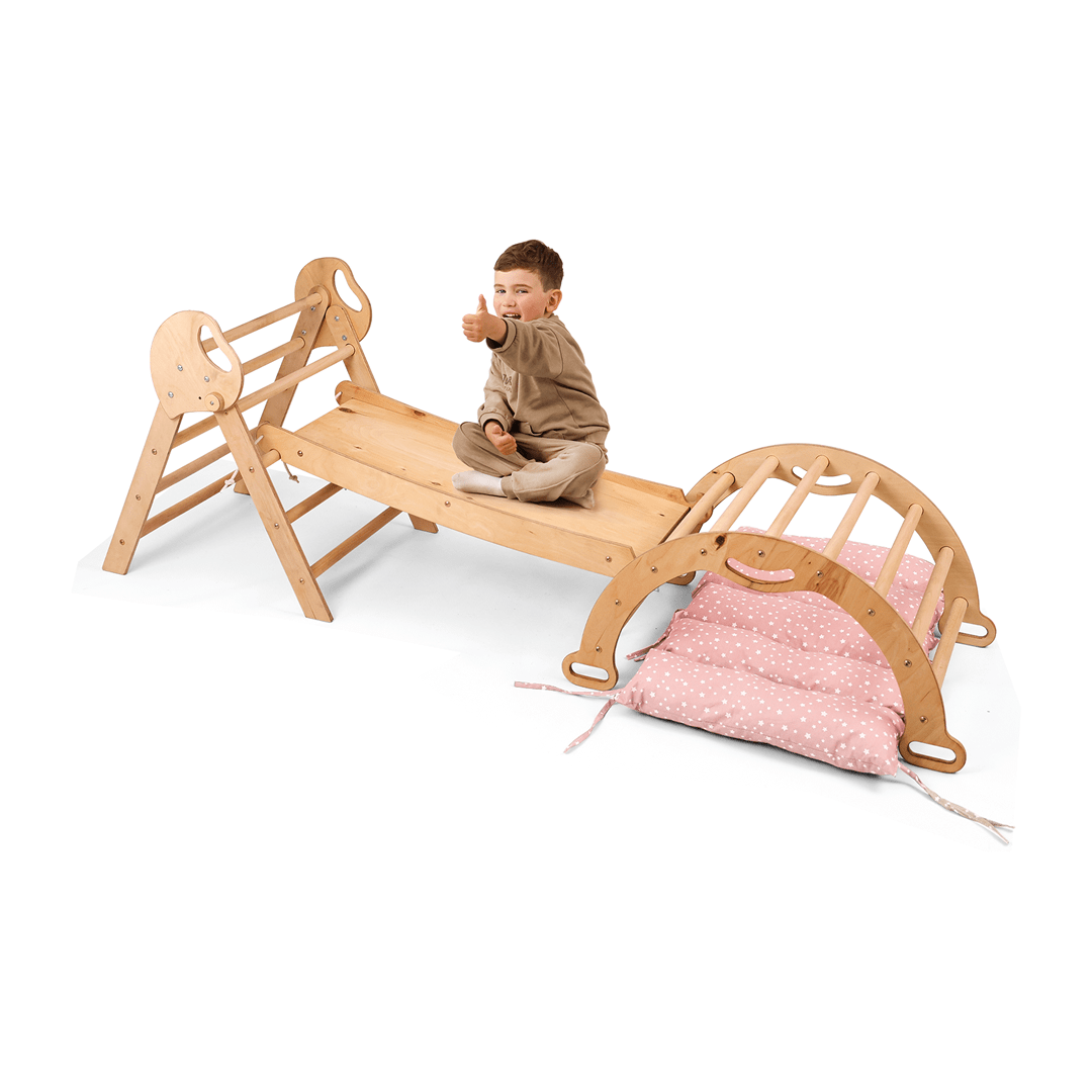 4in1 Montessori Climbing Set: Pikler Triangle, Arch, Slide Board, And Cushion For Toddlers (1–3 Years)