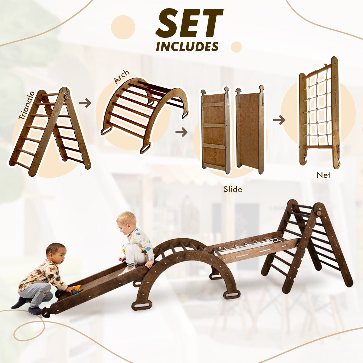 4in1 Montessori Climbing Set: Triangle Ladder + Arch/rocker + Slide Board/ramp + Net – Chocolate