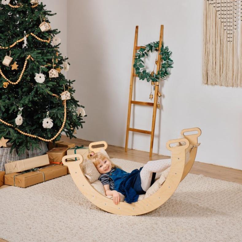 4in1 Montessori Climbing Set: Triangle Ladder + Climbing Arch + Slide Board & Cushion – Beige