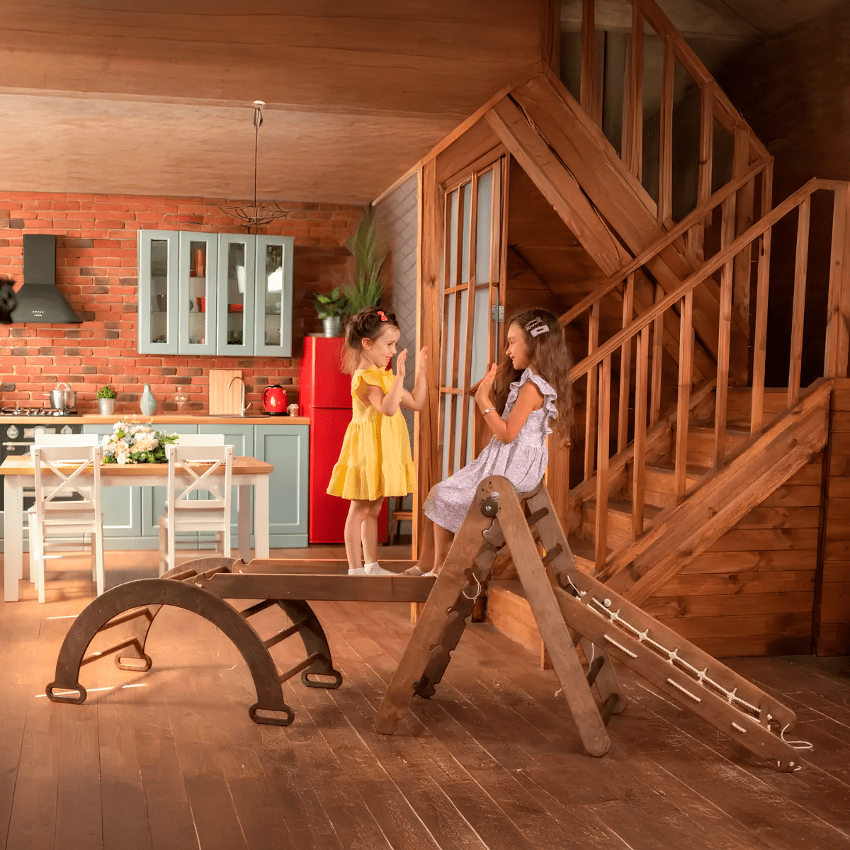 4in1 Montessori Climbing Set: Triangle Ladder + Climbing Arch + Slide Board + Net – Beige