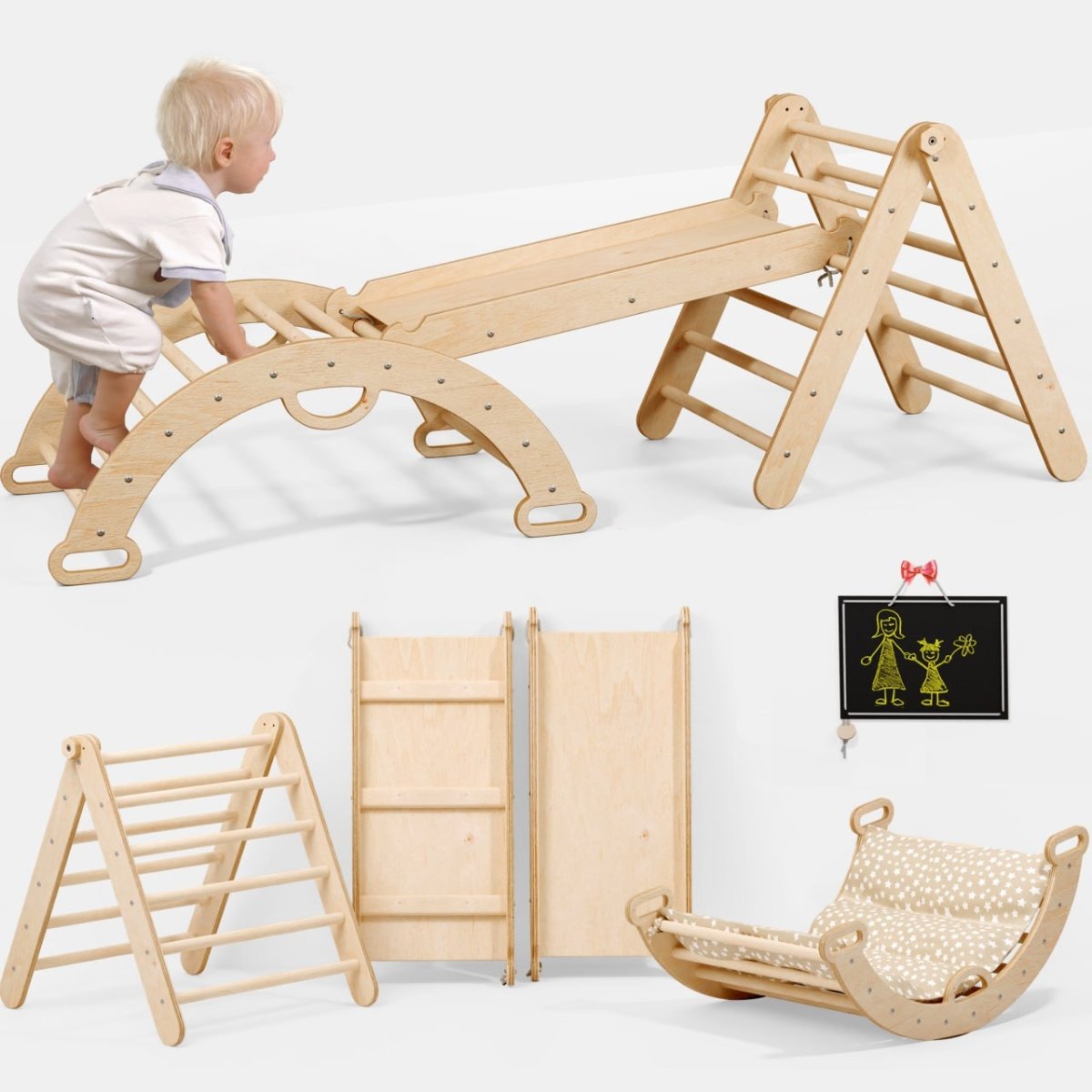 4in1 Toddler Climbing Set: Triangle Ladder + Climbing Arch + Slide Board + Cushion Beige