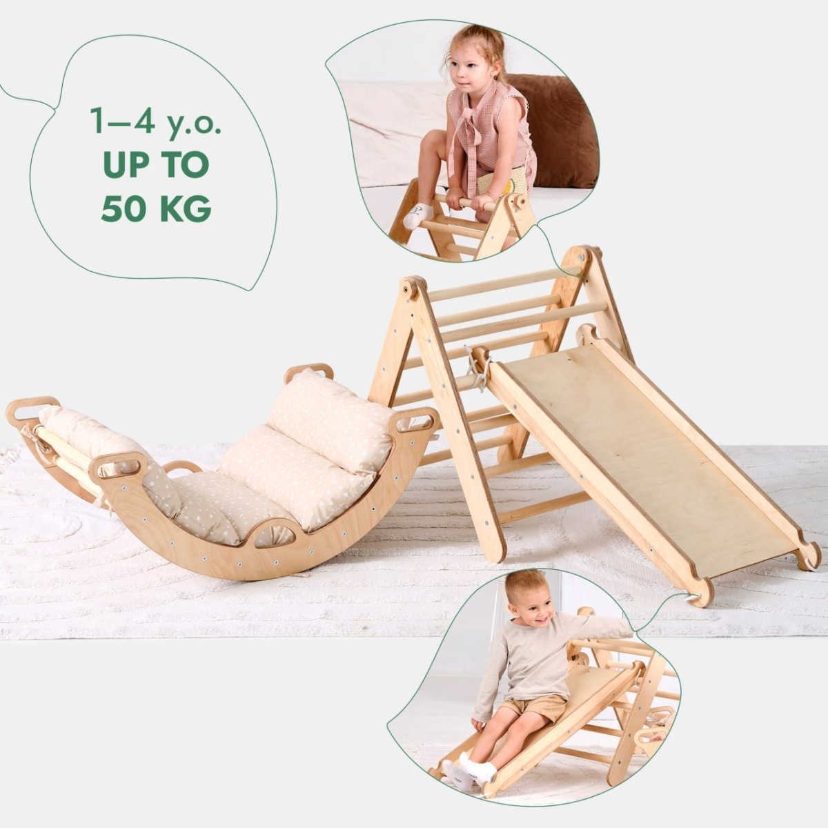 4in1 Toddler Climbing Set: Triangle Ladder + Climbing Arch + Slide Board + Cushion Beige