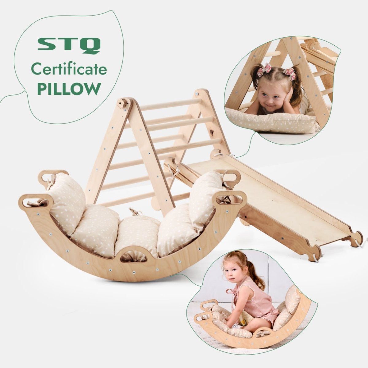 4in1 Toddler Climbing Set: Triangle Ladder + Climbing Arch + Slide Board + Cushion Beige