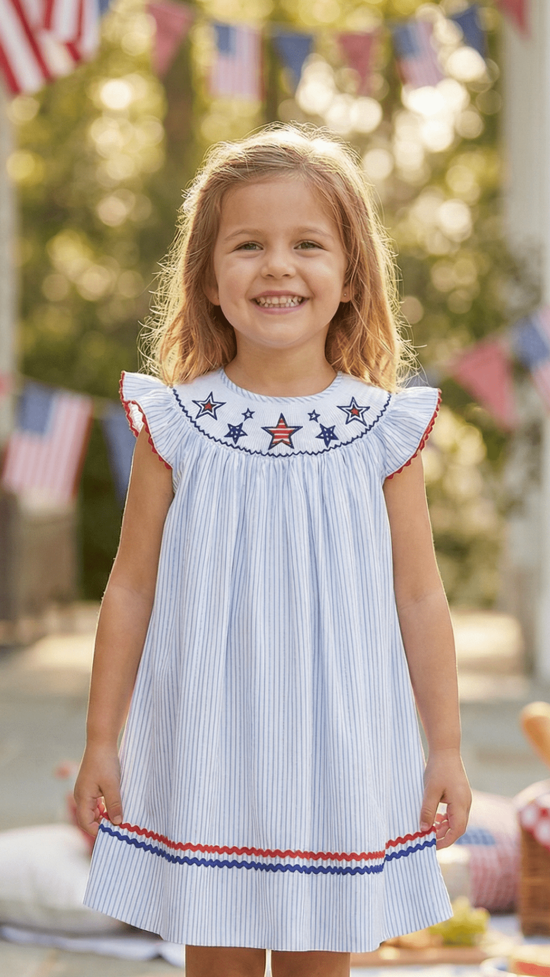 4th Of July Blue Striped Stars Smocked Bishop Dress