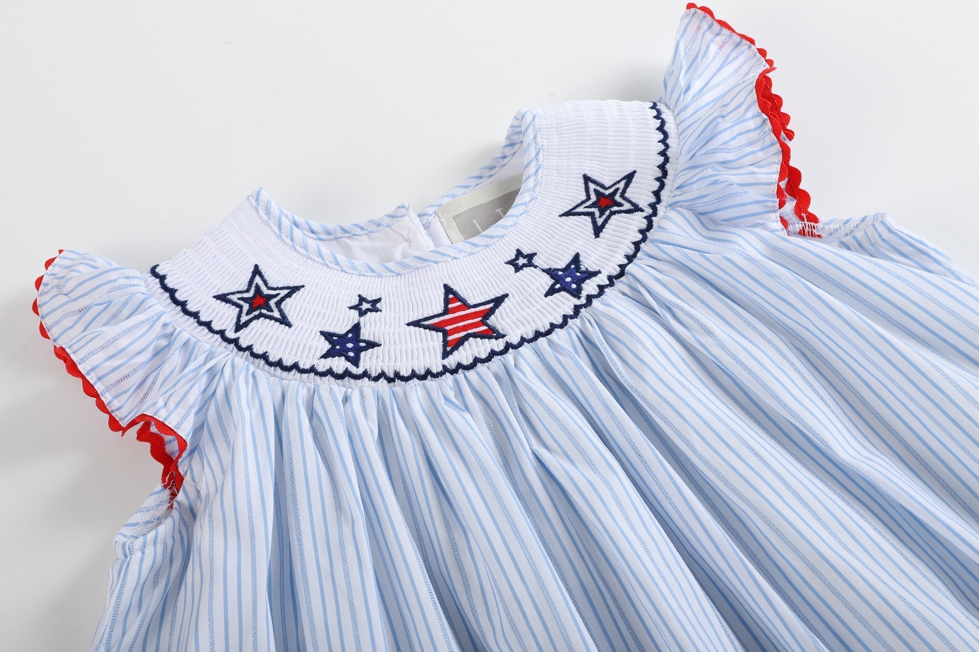 4th Of July Blue Striped Stars Smocked Bishop Dress