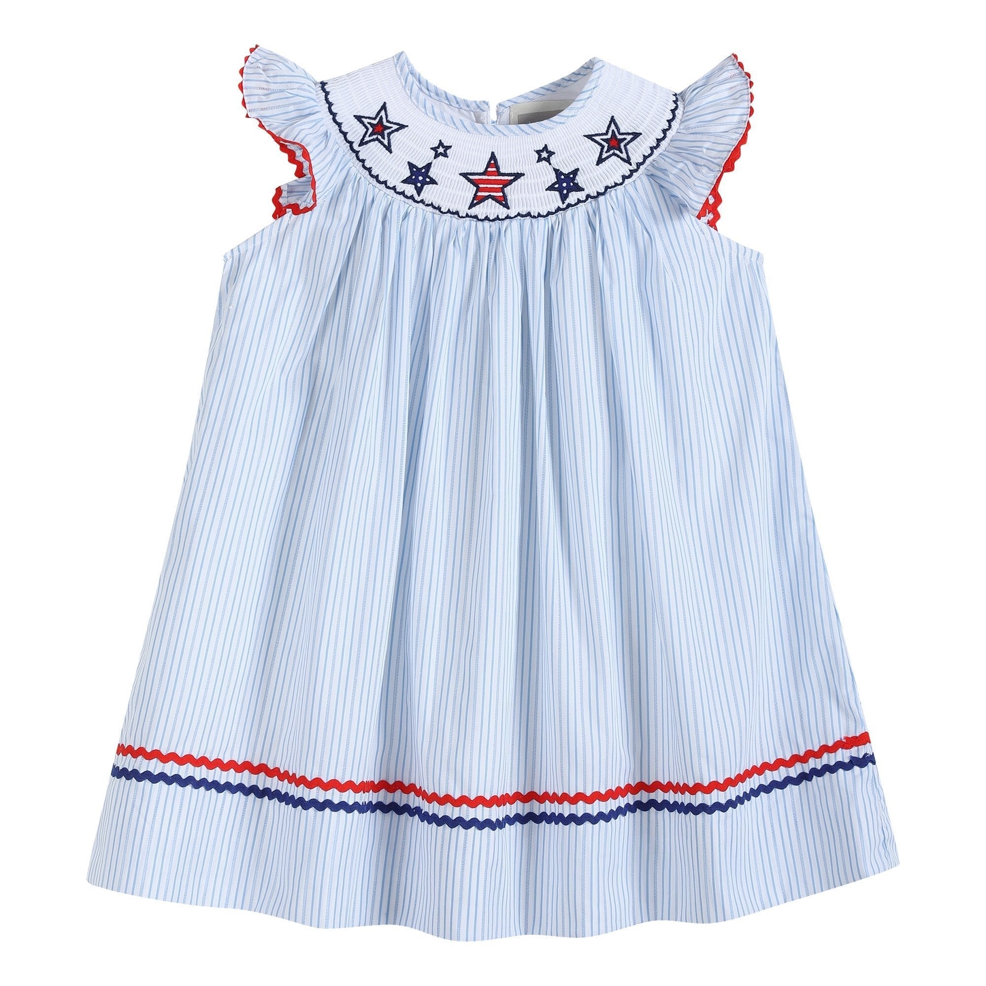 4th Of July Blue Striped Stars Smocked Bishop Dress
