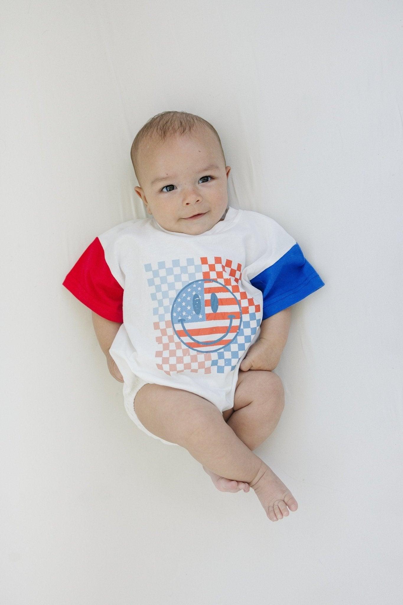 4th Of July Checker Smiley T-shirt Romper