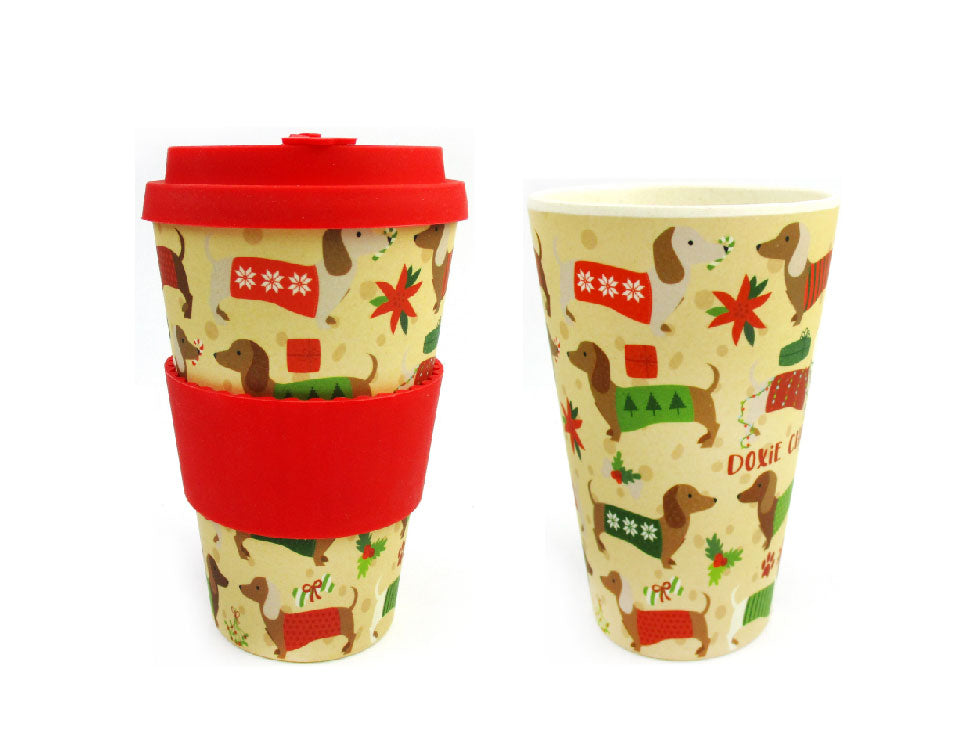 Eco-friendly Reusable Plant Fiber Holiday Travel Mug With Christmas Wiener Dog Design