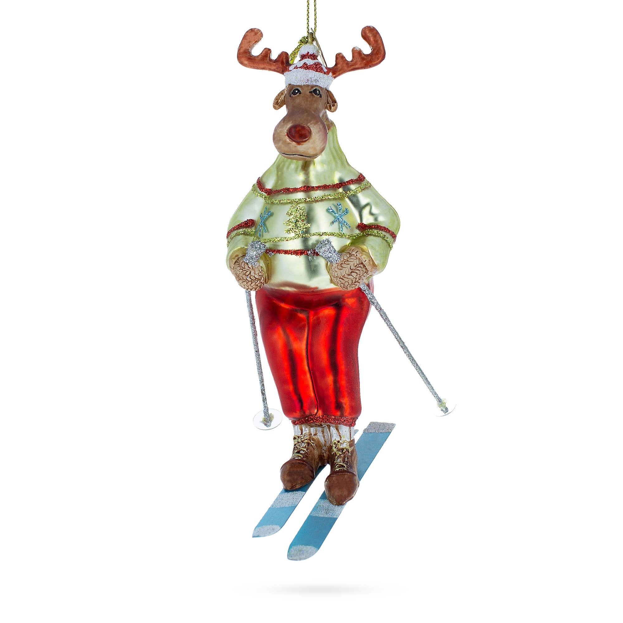 Festive Reindeer Skiing - Blown Glass Christmas Ornament