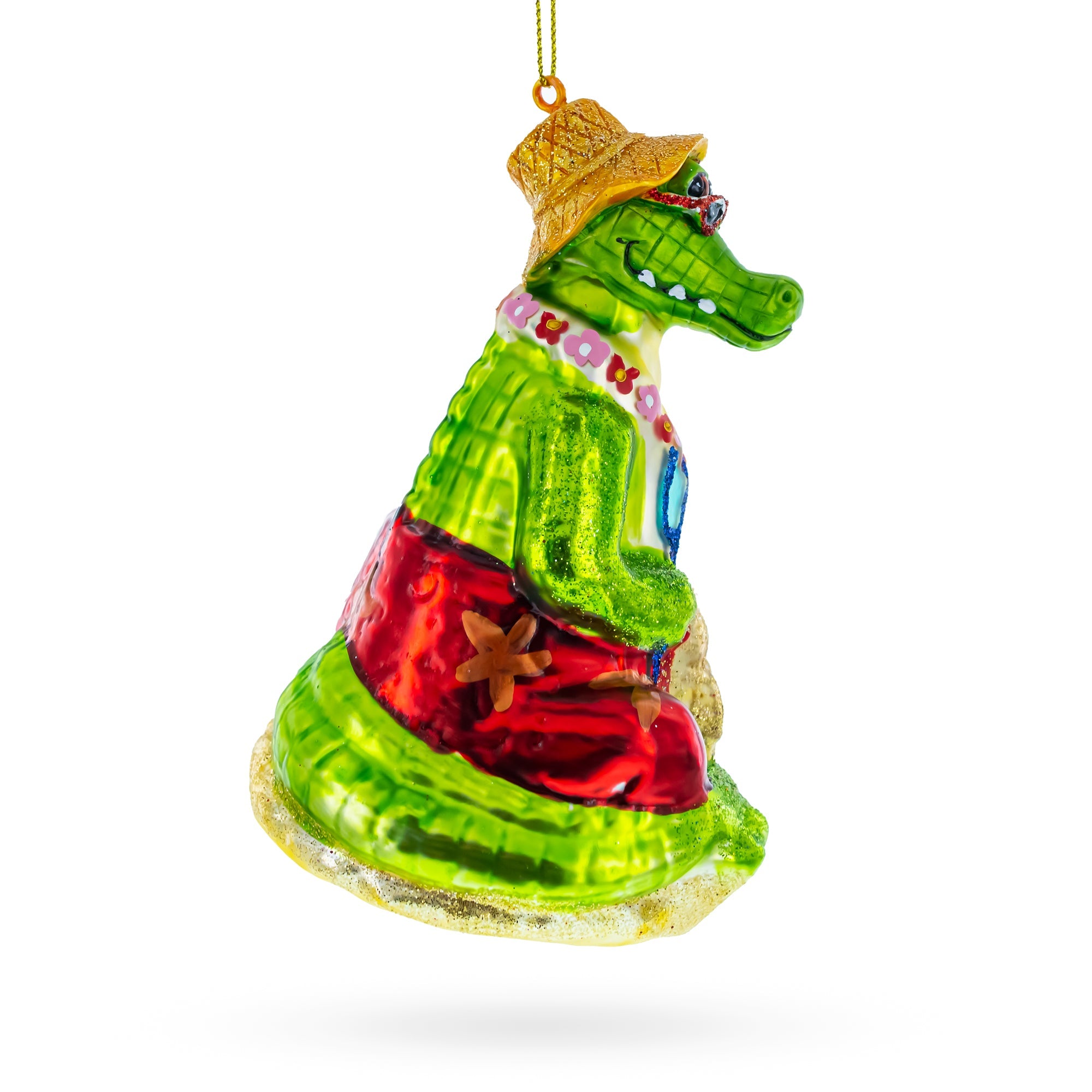 Alligator Relaxing On The Beach - Blown Glass Christmas Ornament