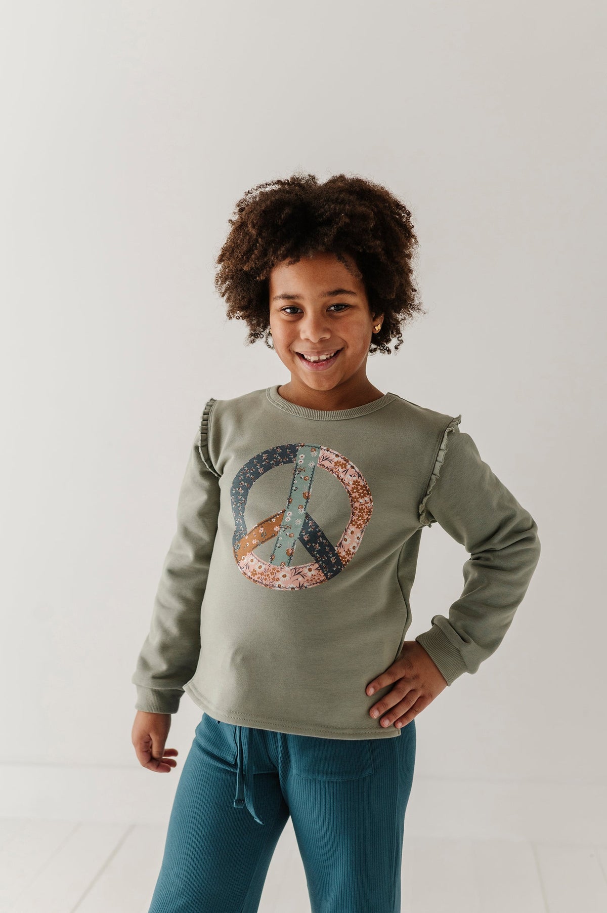 Girls Raw Edge Sweatshirt In Patchwork Peace Sign