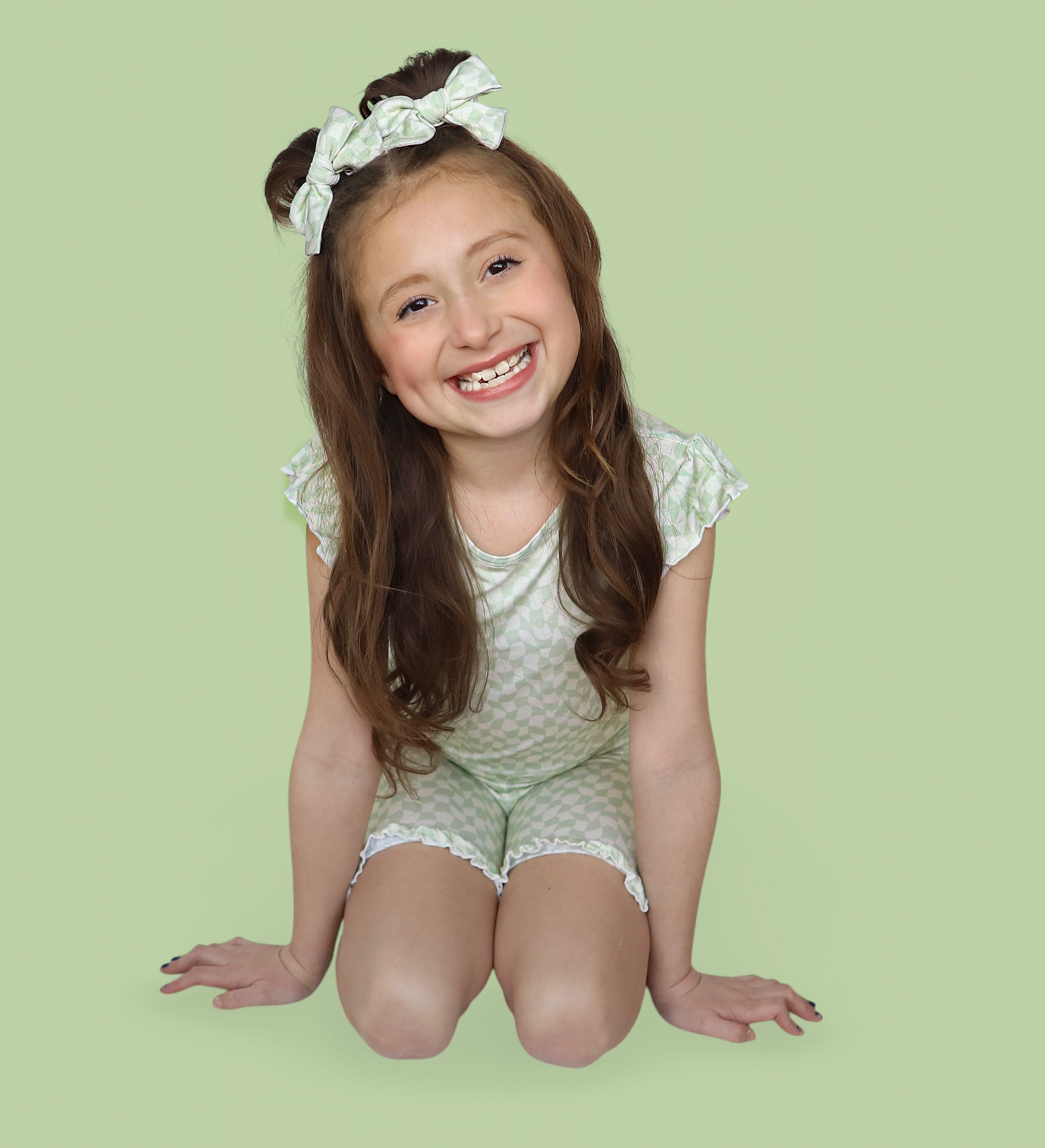 Sage Wavy Checkers Dream Ruffle Short Set