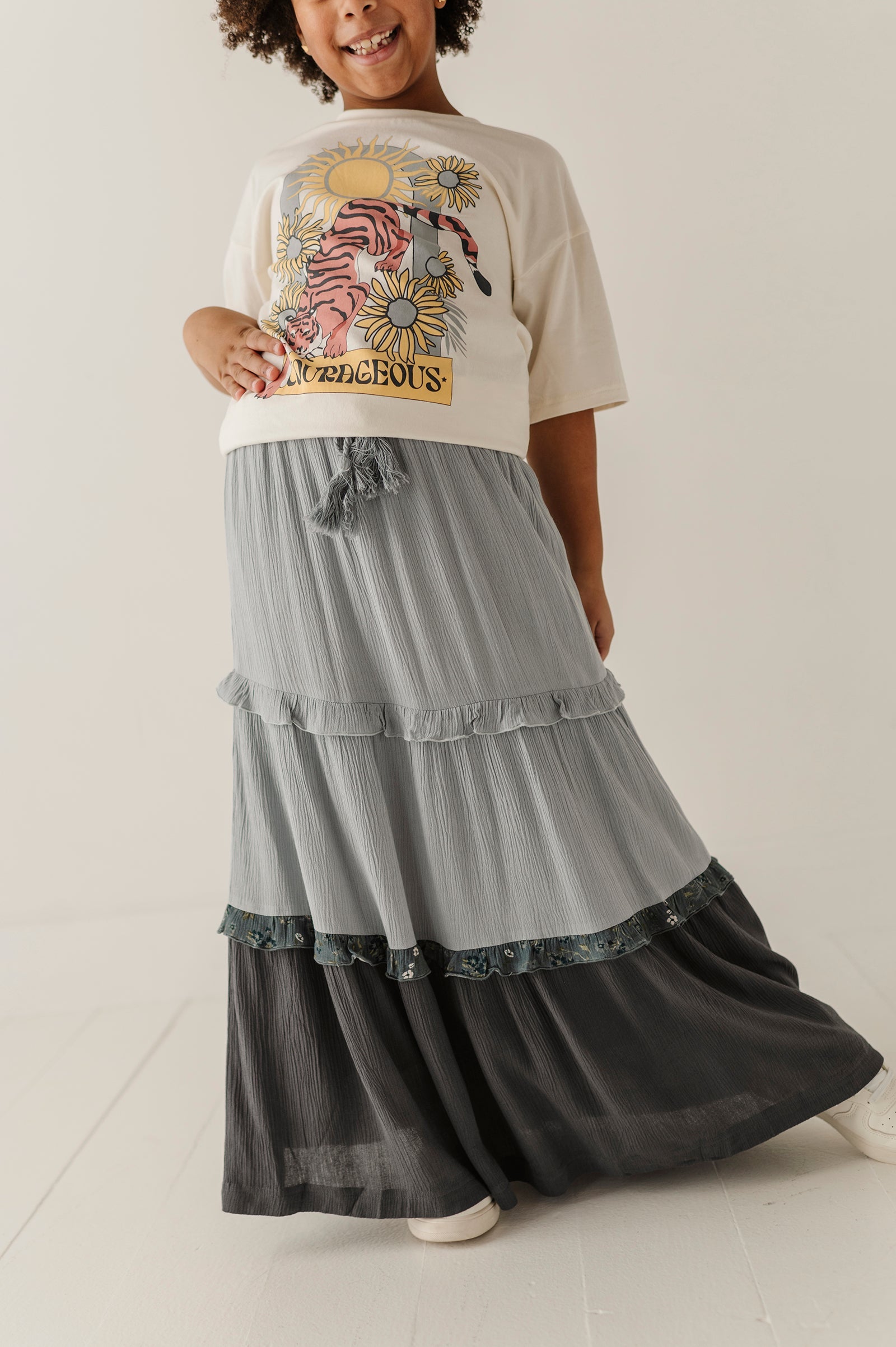 Girls Border Tiered Ruffle Skirt In Grayish Blue