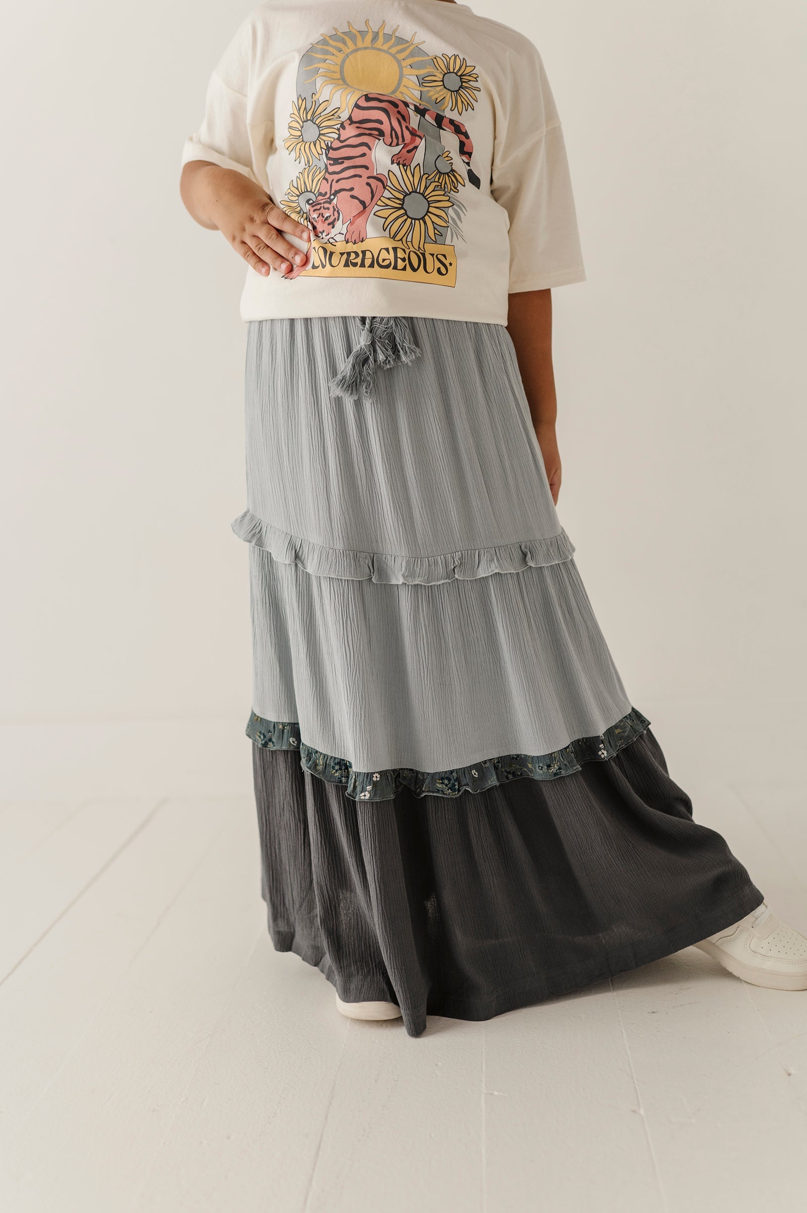 Girls Border Tiered Ruffle Skirt In Grayish Blue