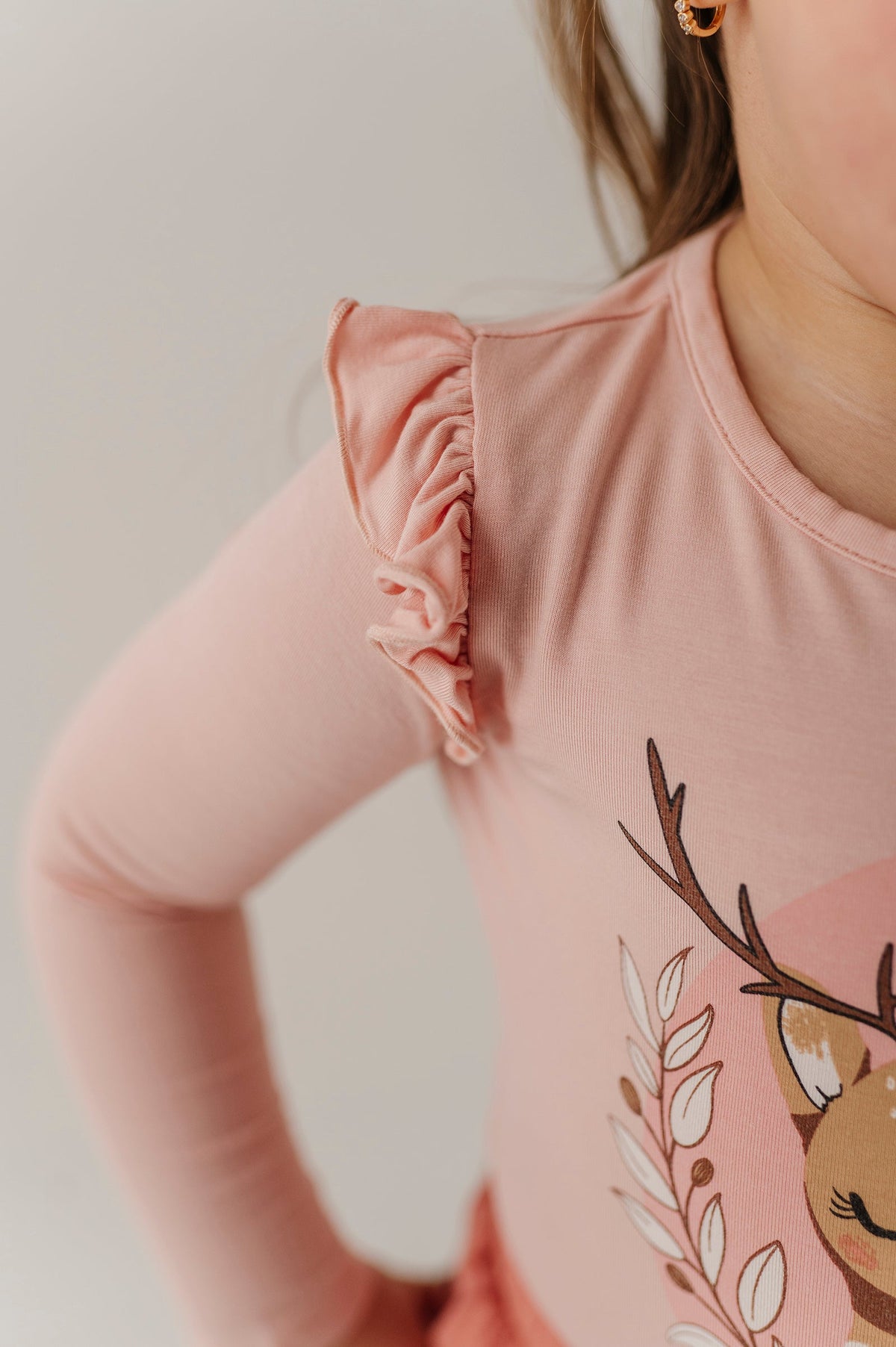 Girls Long Sleeve Ruffle Top In Reindeer On Holiday Blush
