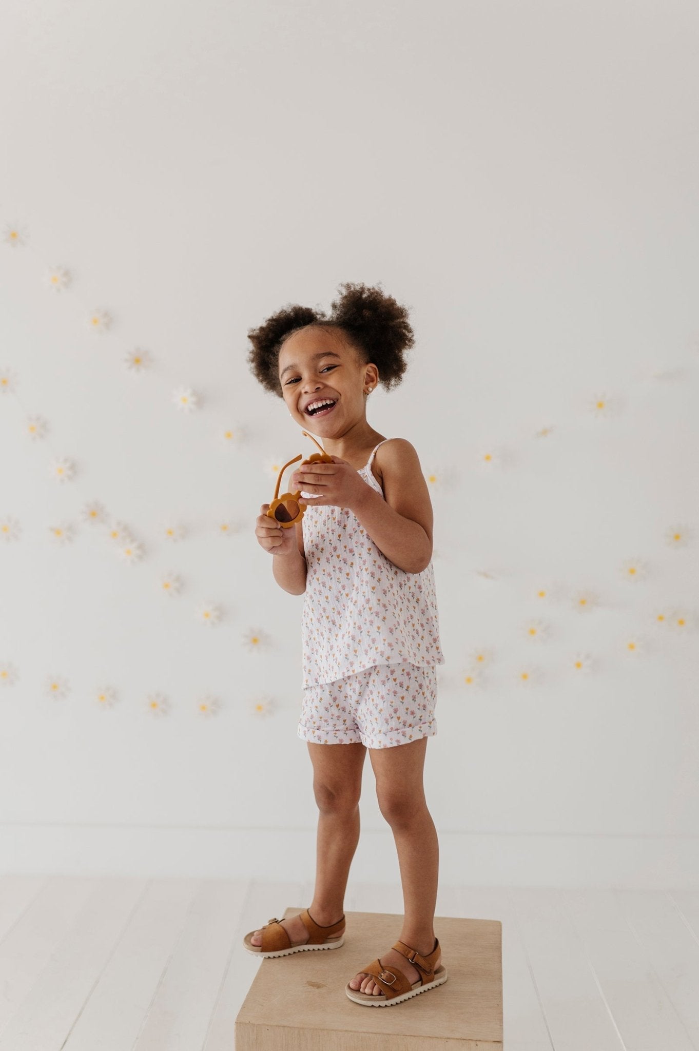 Girls Gauze Tank & Short Set In Mini Daisy On Cream