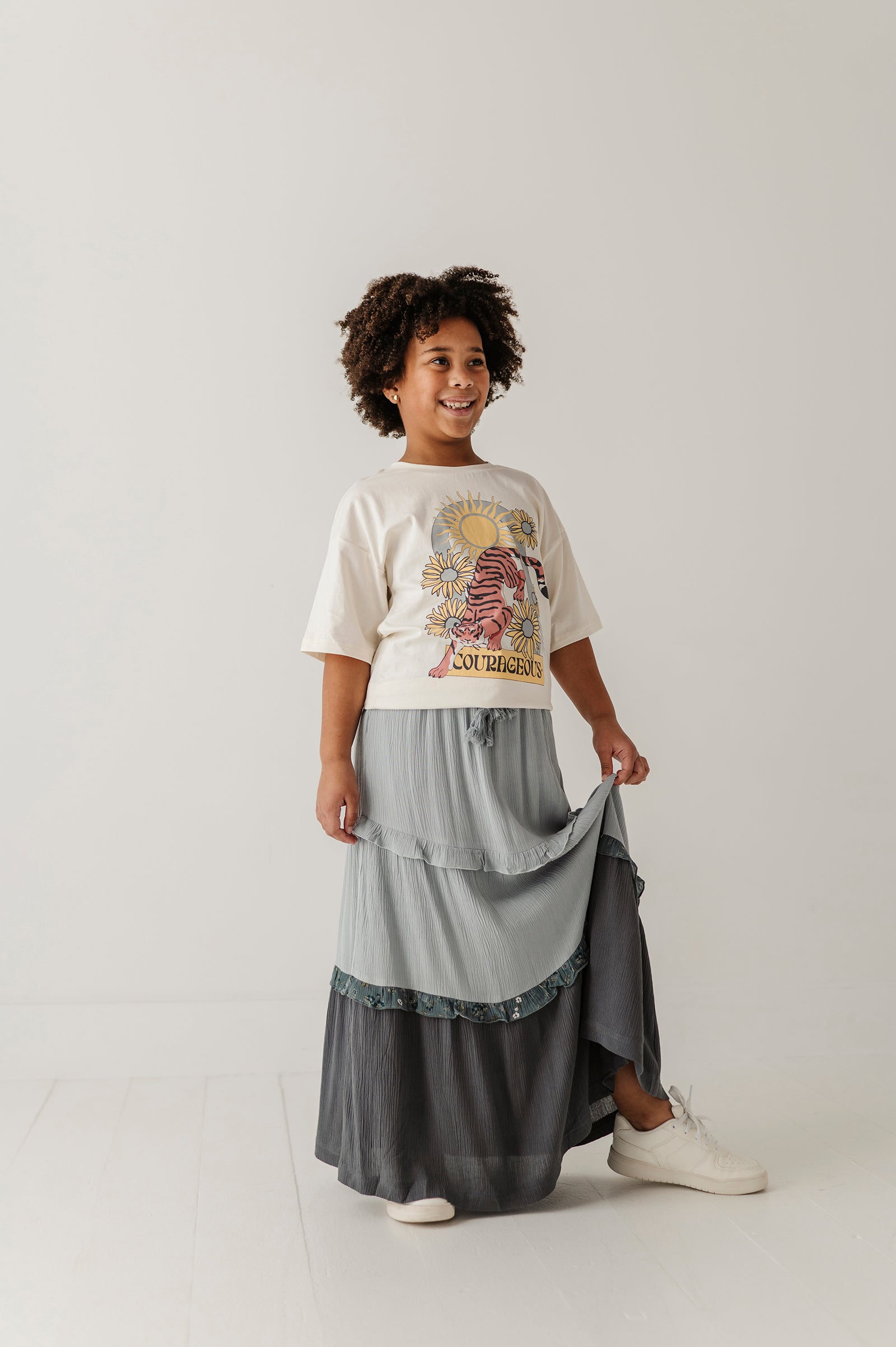 Girls Border Tiered Ruffle Skirt In Grayish Blue