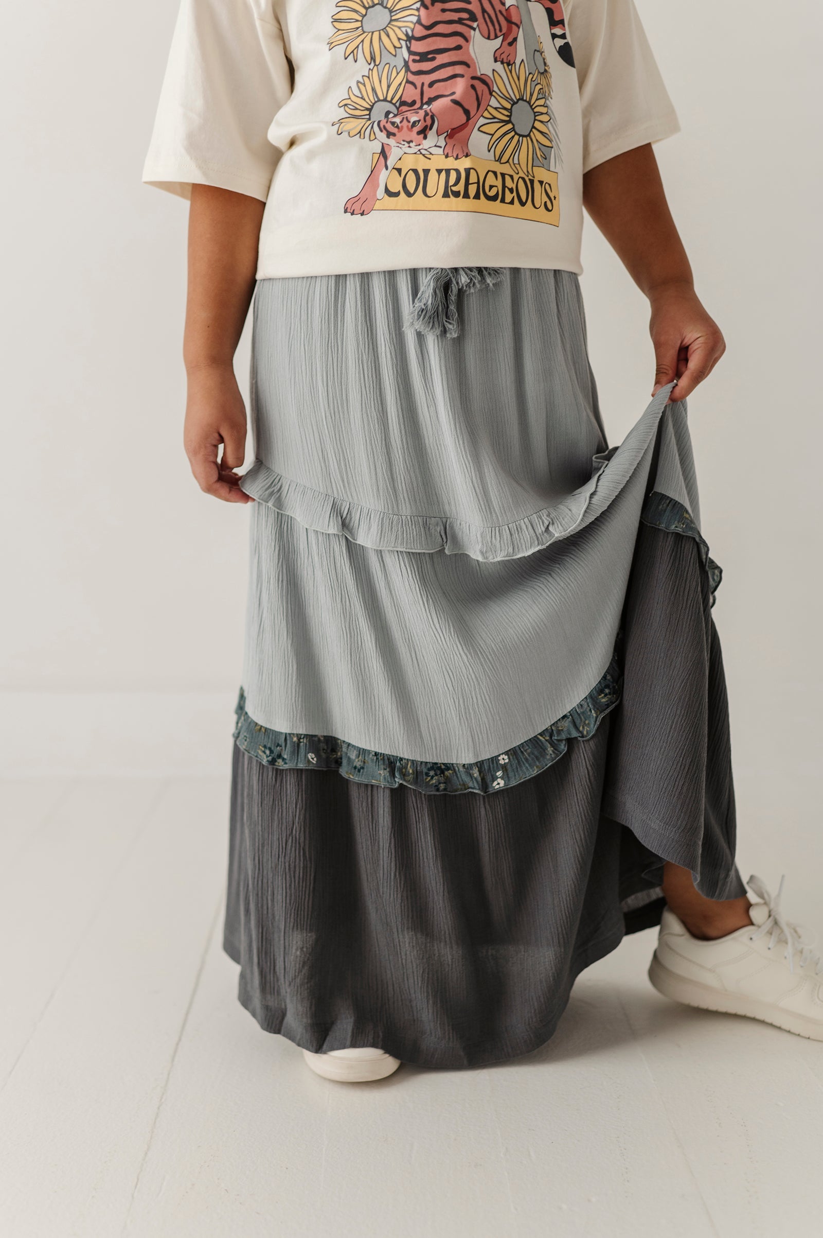 Girls Border Tiered Ruffle Skirt In Grayish Blue