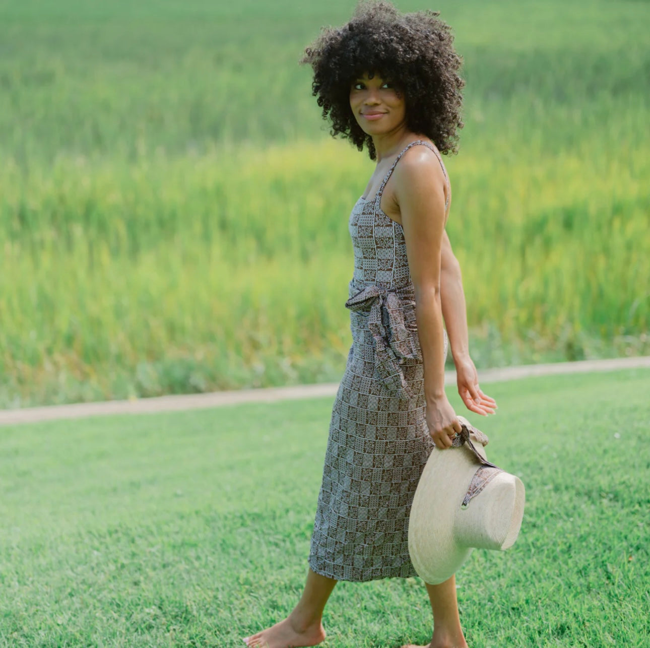 Hollyhock Sun Hat - Long & Thin Blue Gingham Ribbon With Wood Nautical Toggle